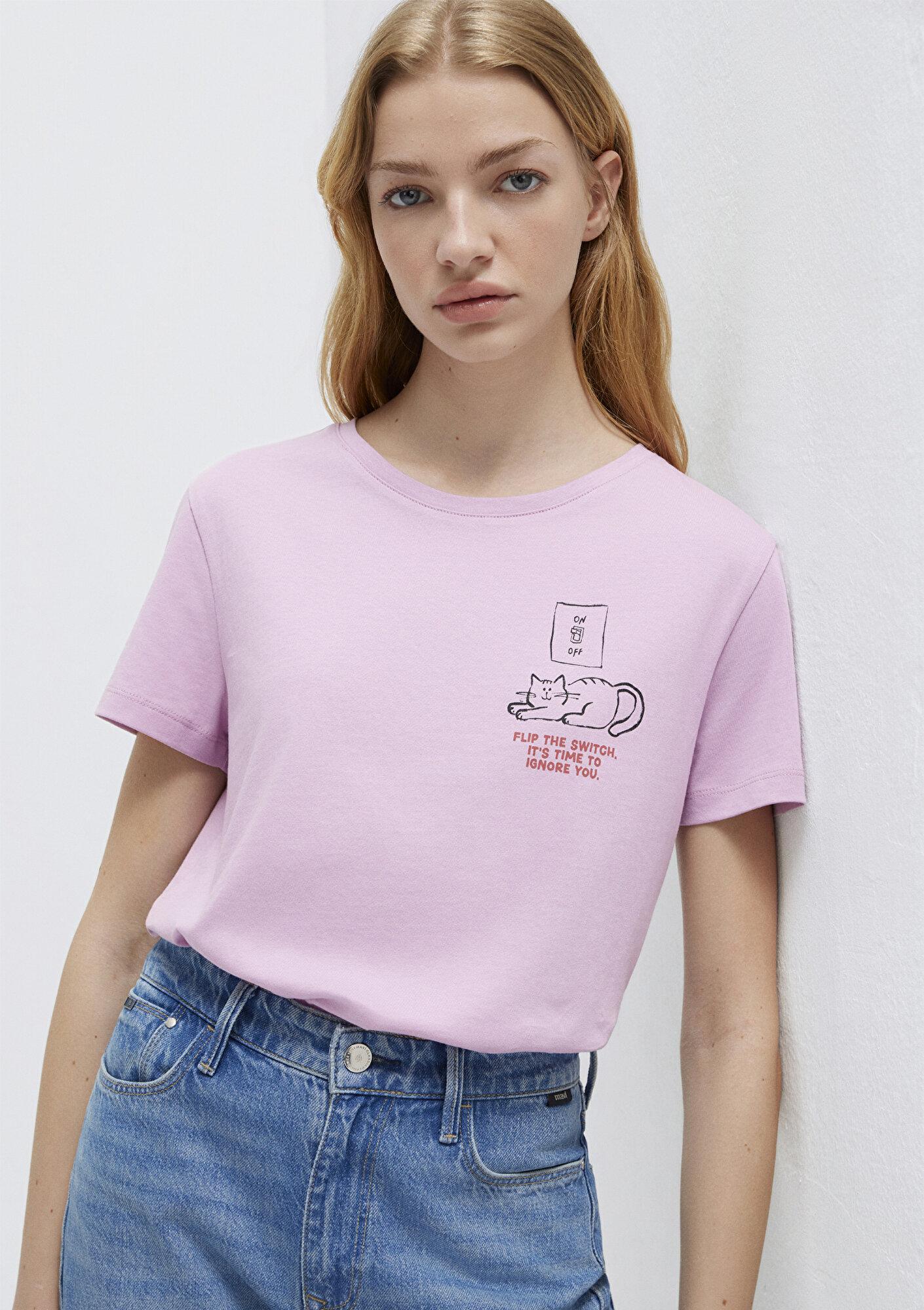 Mavi Kedi Baskılı Pembe Tişört Semi Slim Fit / Yarı Dar Kesim 1613722-71039
