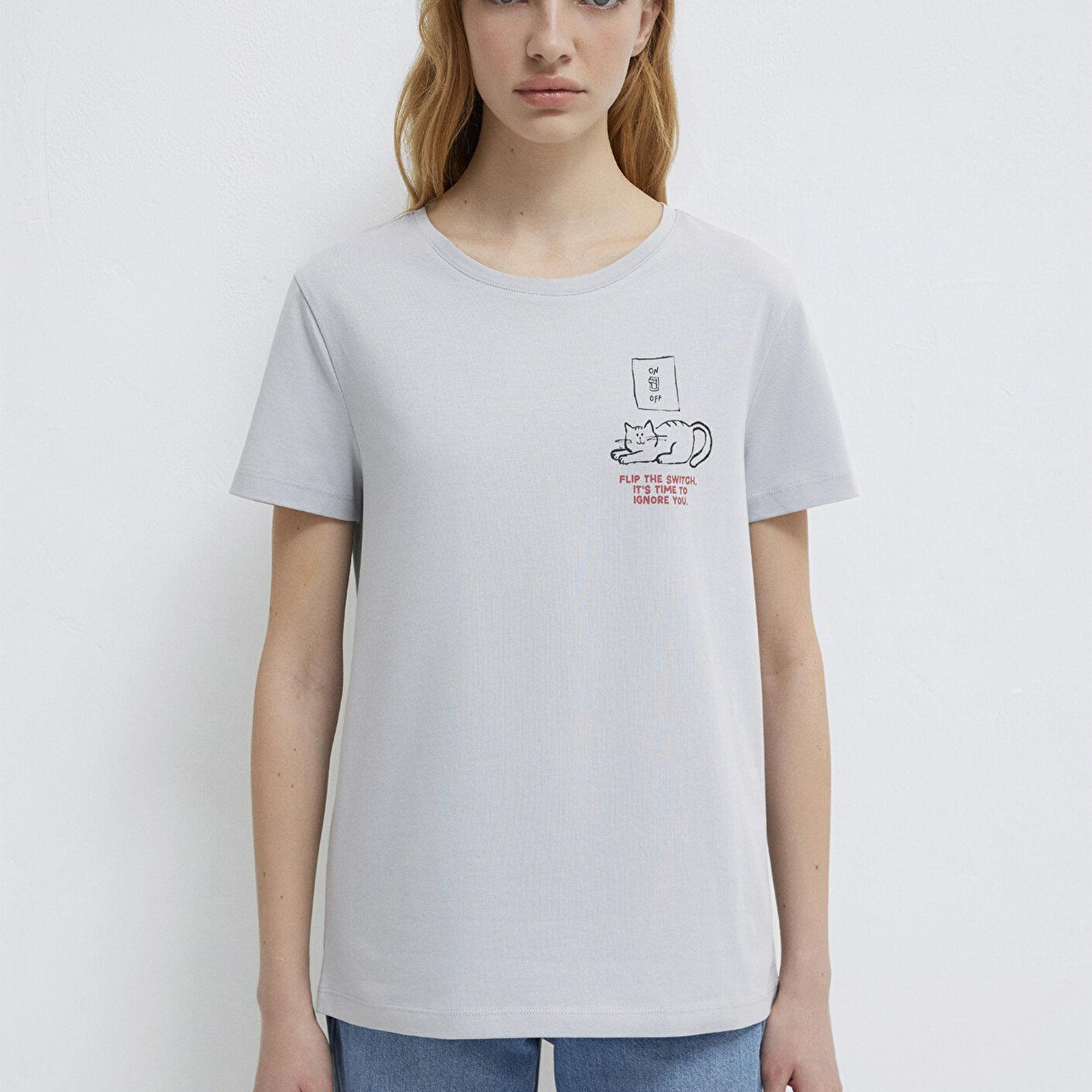 Mavi Kedi Baskılı Gri Tişört Semi Slim Fit / Yarı Dar Kesim 1613722-70075