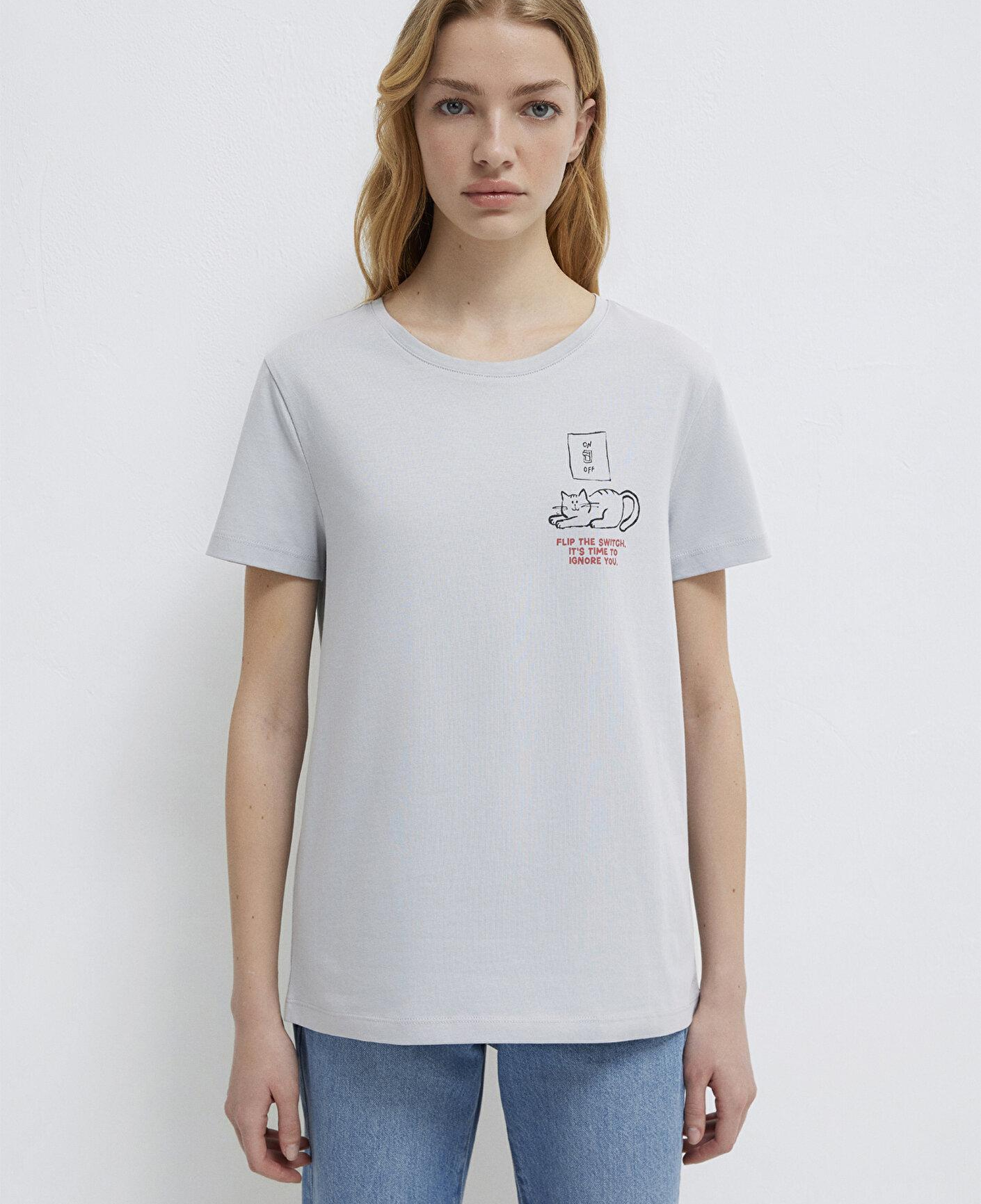 Mavi Kedi Baskılı Gri Tişört Semi Slim Fit / Yarı Dar Kesim 1613722-70075