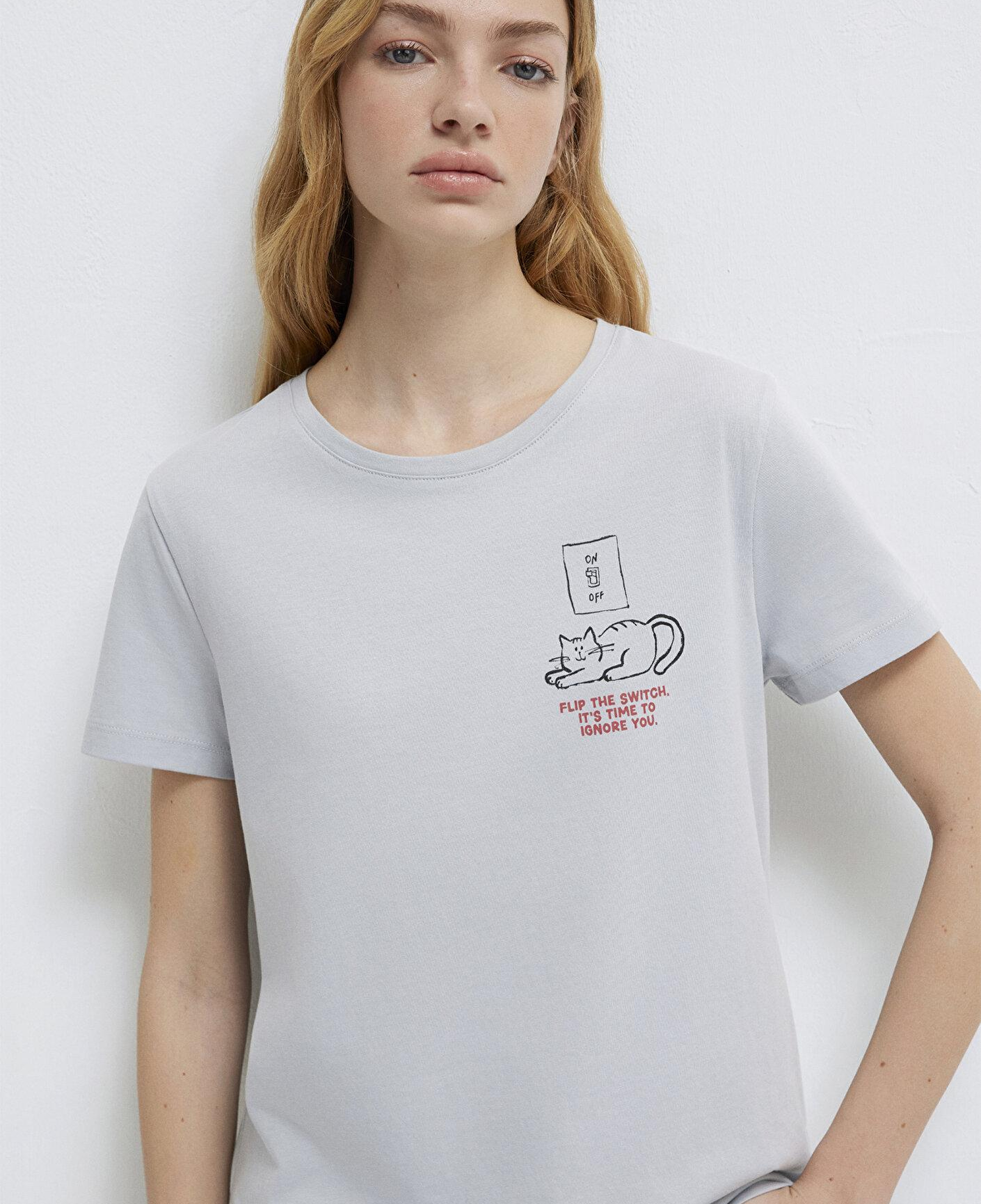 Mavi Kedi Baskılı Gri Tişört Semi Slim Fit / Yarı Dar Kesim 1613722-70075