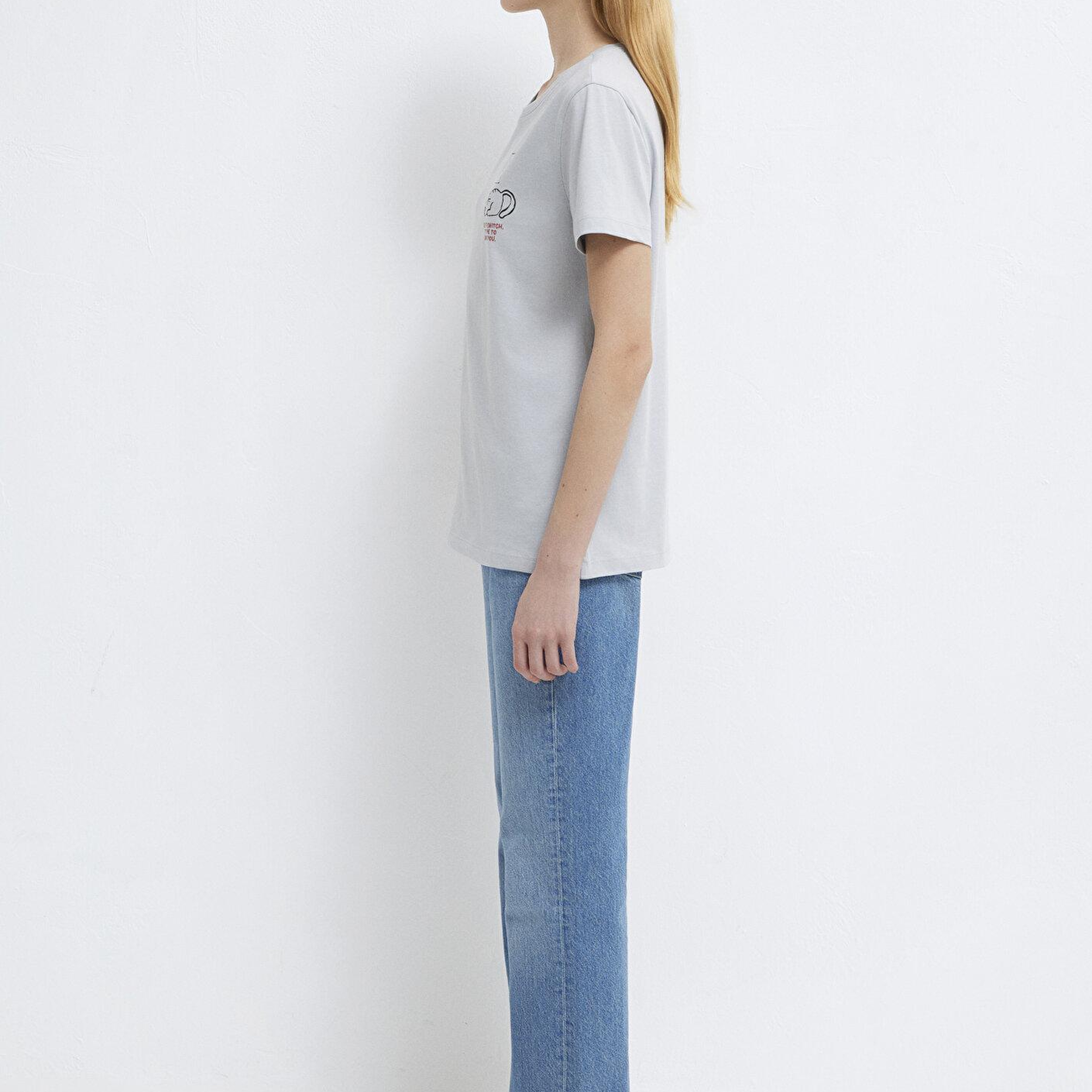 Mavi Kedi Baskılı Gri Tişört Semi Slim Fit / Yarı Dar Kesim 1613722-70075