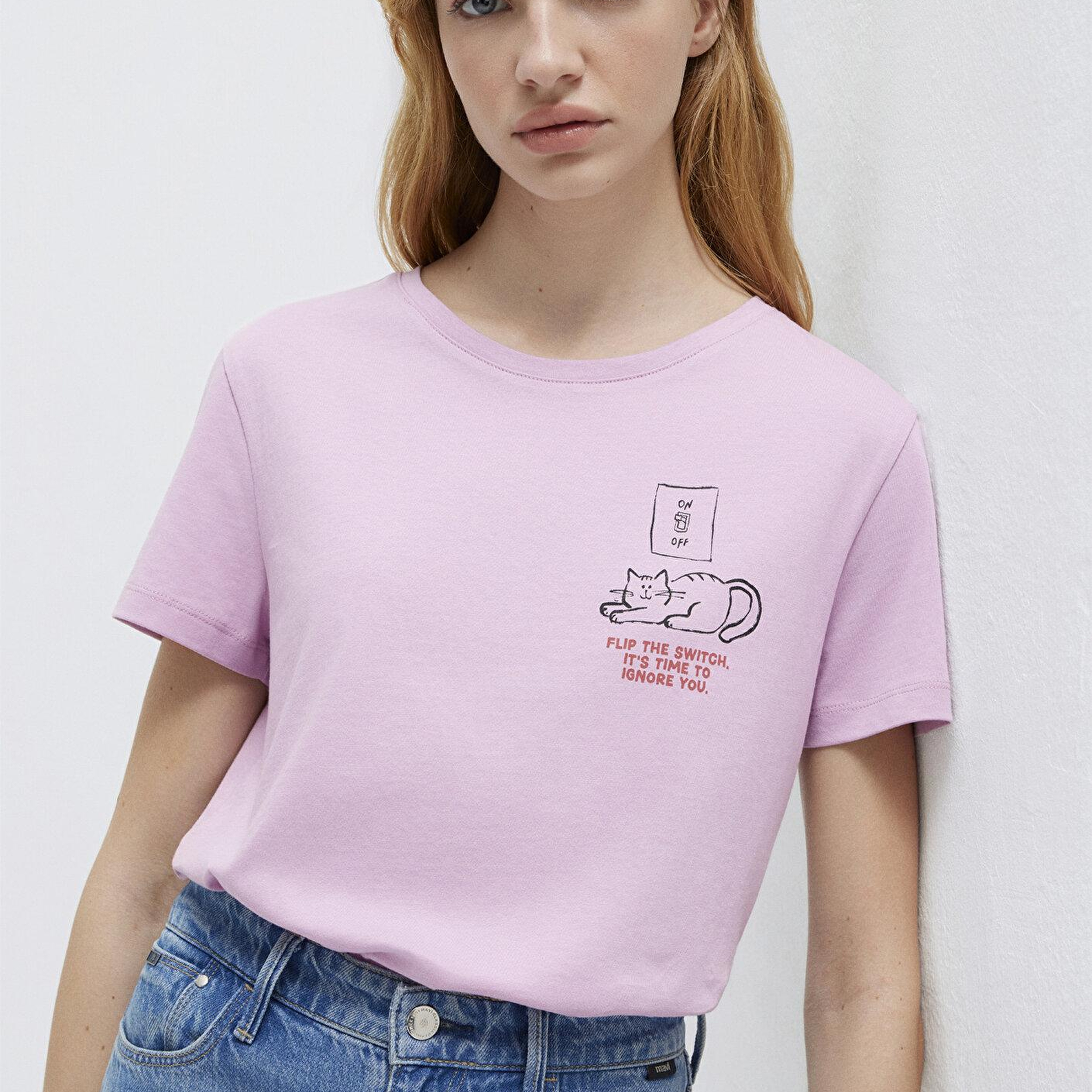 Mavi Kedi Baskılı Pembe Tişört Semi Slim Fit / Yarı Dar Kesim 1613722-71039