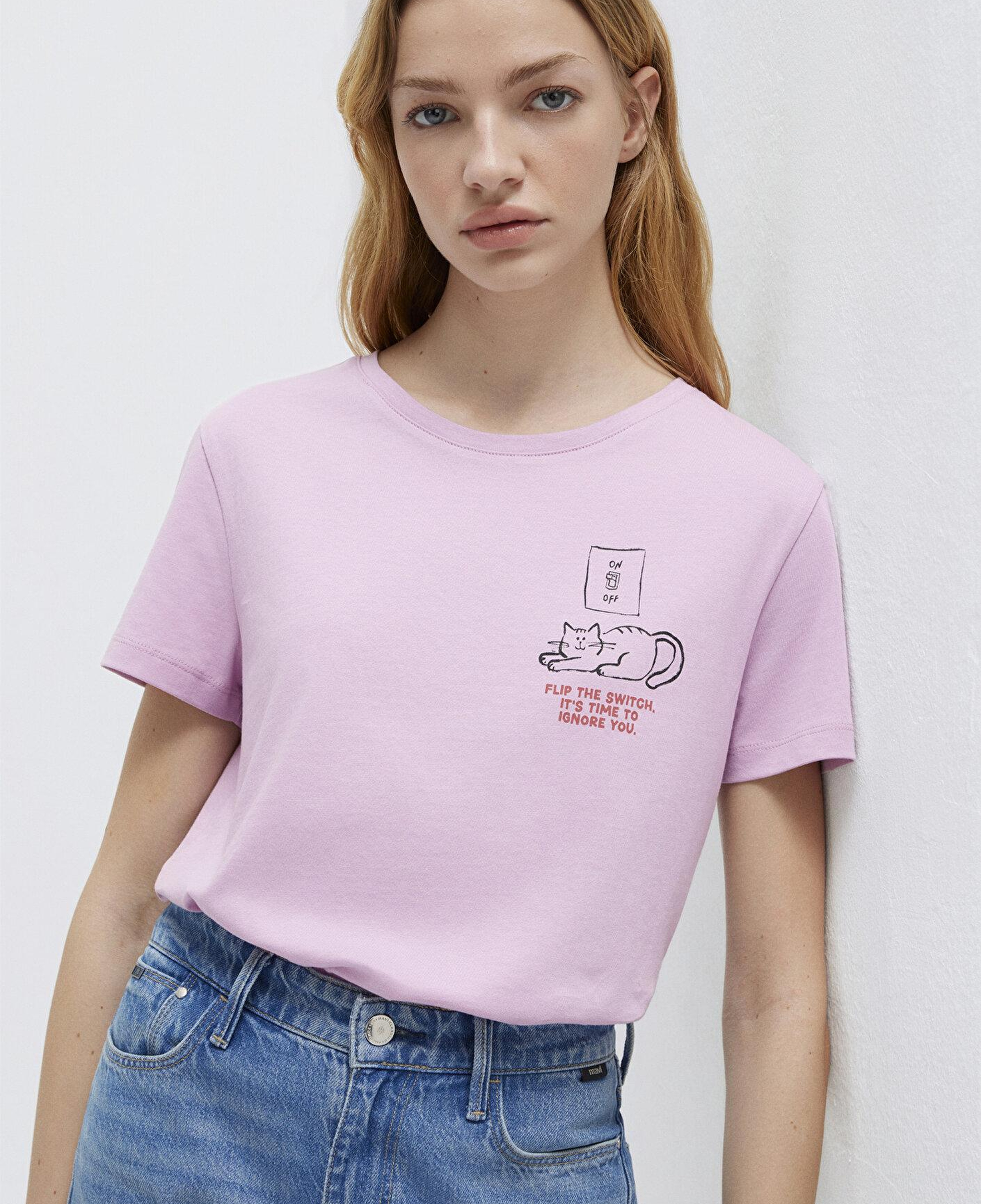 Mavi Kedi Baskılı Pembe Tişört Semi Slim Fit / Yarı Dar Kesim 1613722-71039
