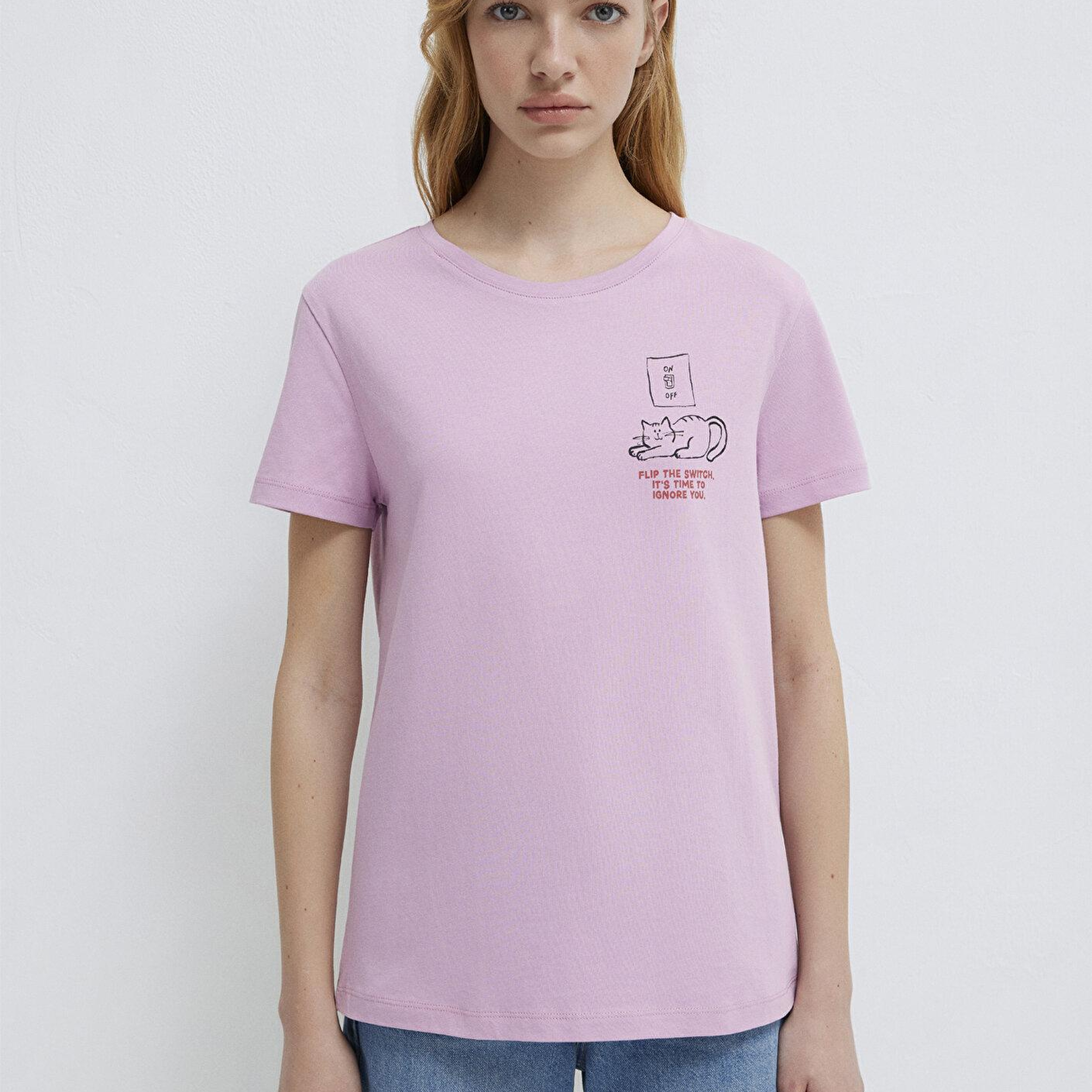 Mavi Kedi Baskılı Pembe Tişört Semi Slim Fit / Yarı Dar Kesim 1613722-71039