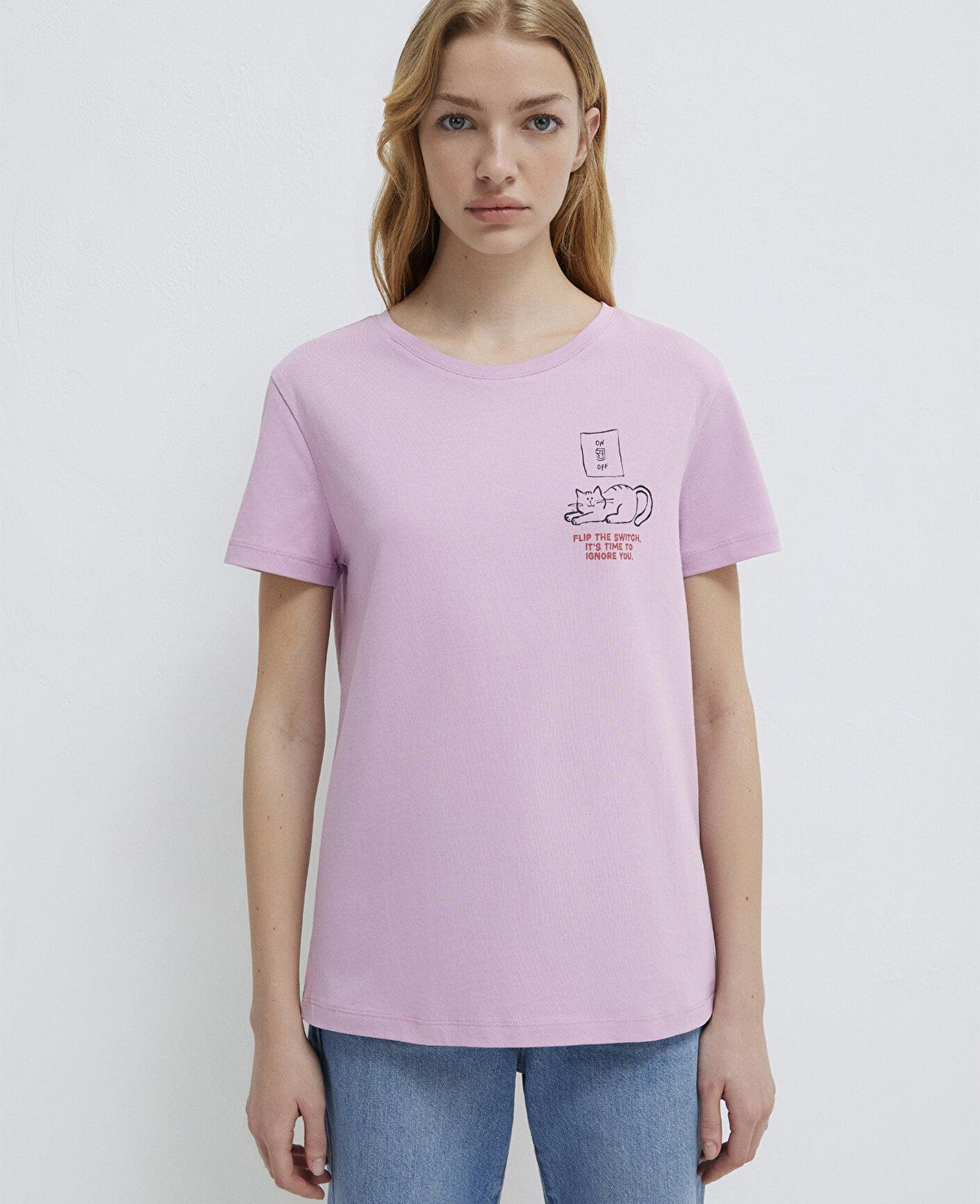 Mavi Kedi Baskılı Pembe Tişört Semi Slim Fit / Yarı Dar Kesim 1613722-71039