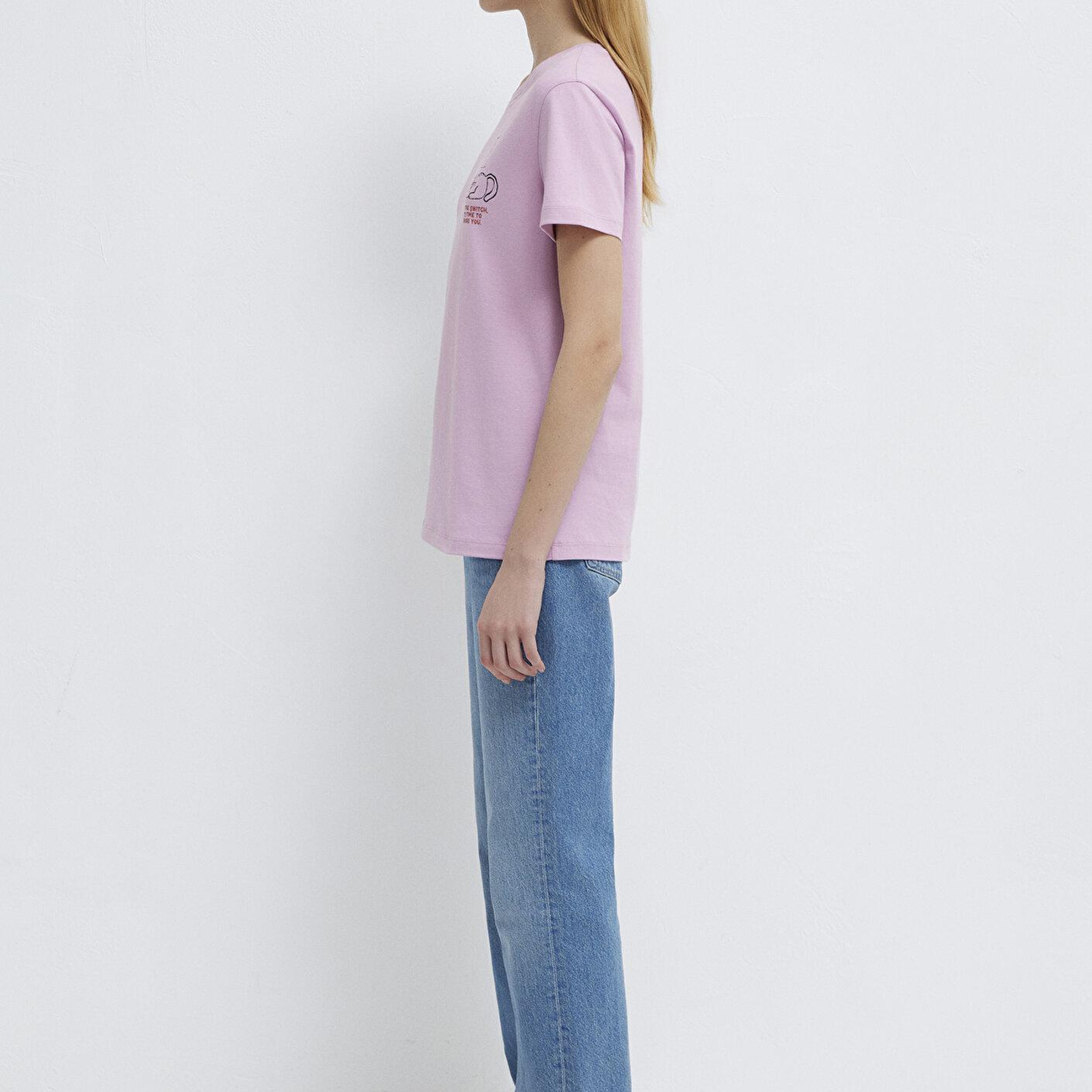Mavi Kedi Baskılı Pembe Tişört Semi Slim Fit / Yarı Dar Kesim 1613722-71039