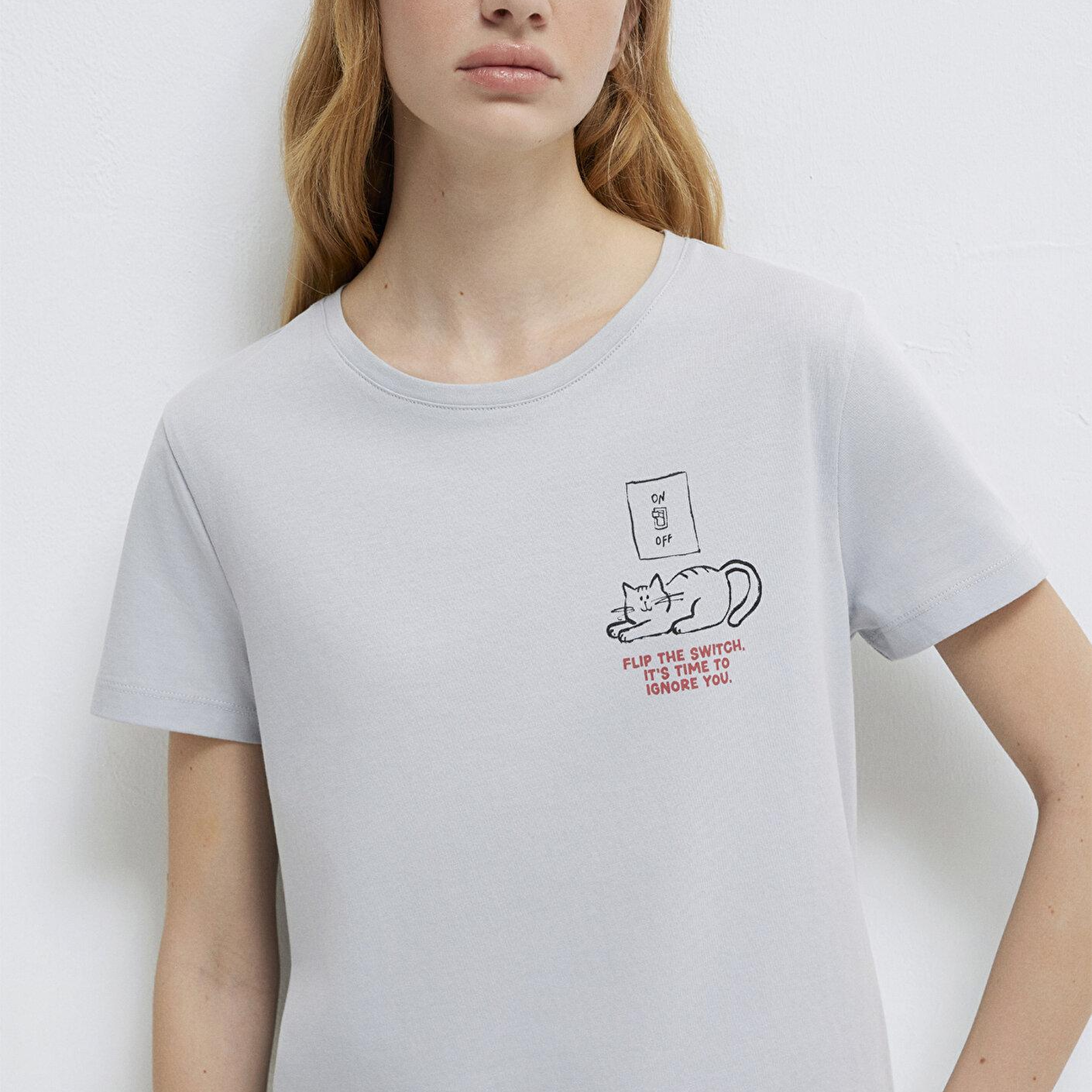 Mavi Kedi Baskılı Gri Tişört Semi Slim Fit / Yarı Dar Kesim 1613722-70075