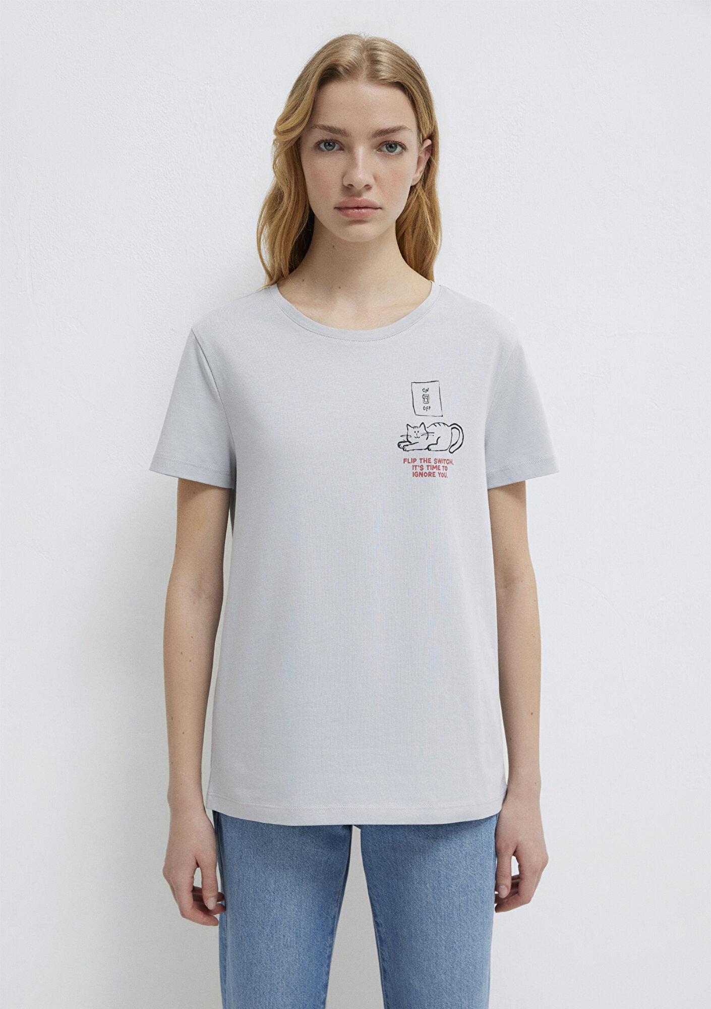 Mavi Kedi Baskılı Gri Tişört Semi Slim Fit / Yarı Dar Kesim 1613722-70075