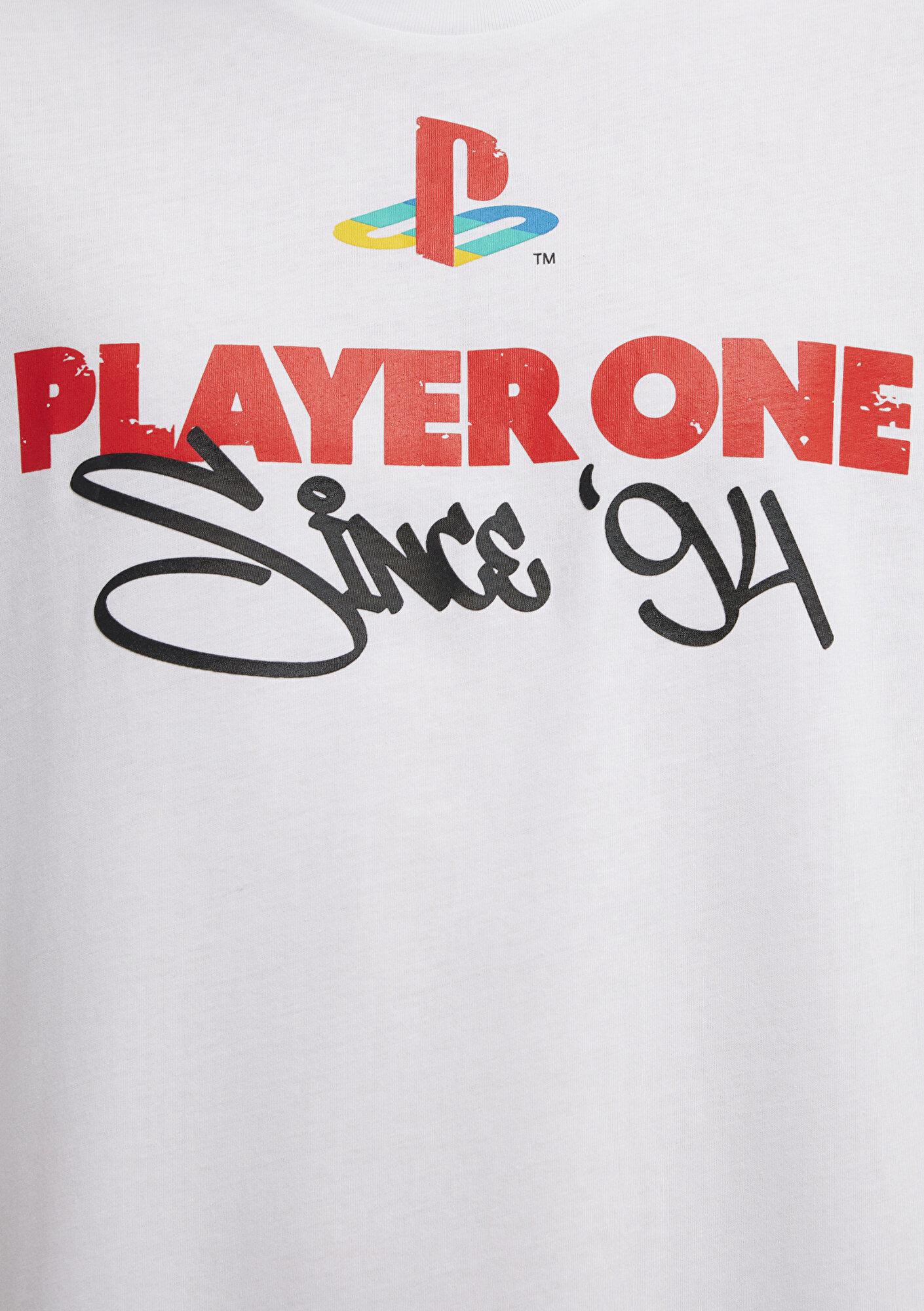 Mavi Player One Baskılı Beyaz Tişört Loose Fit / Bol Rahat Kesim 0613185-620