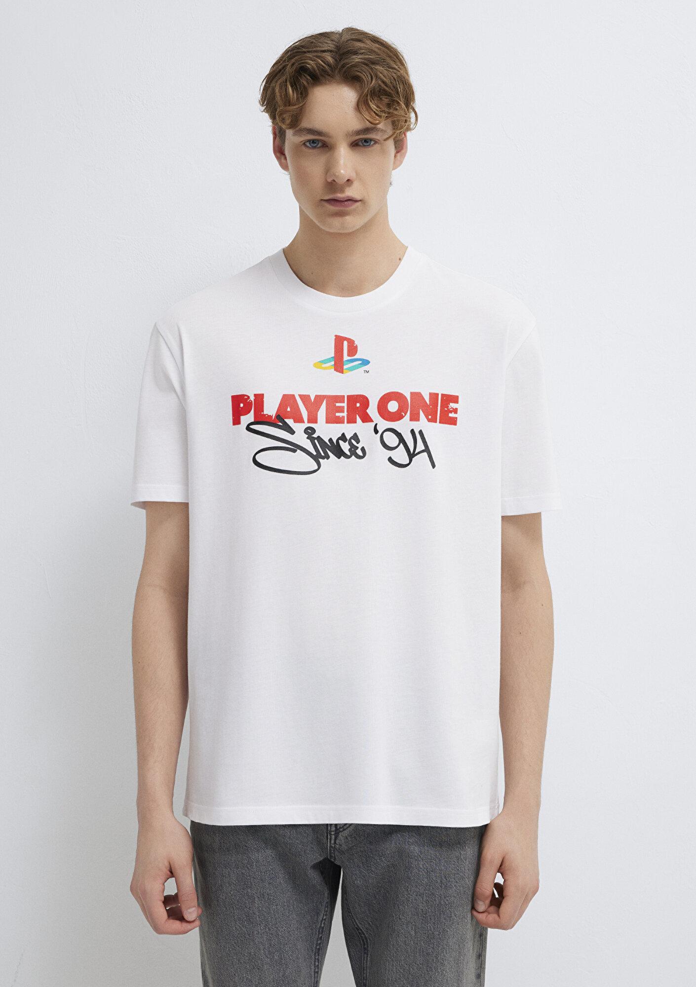 Mavi Player One Baskılı Beyaz Tişört Loose Fit / Bol Rahat Kesim 0613185-620