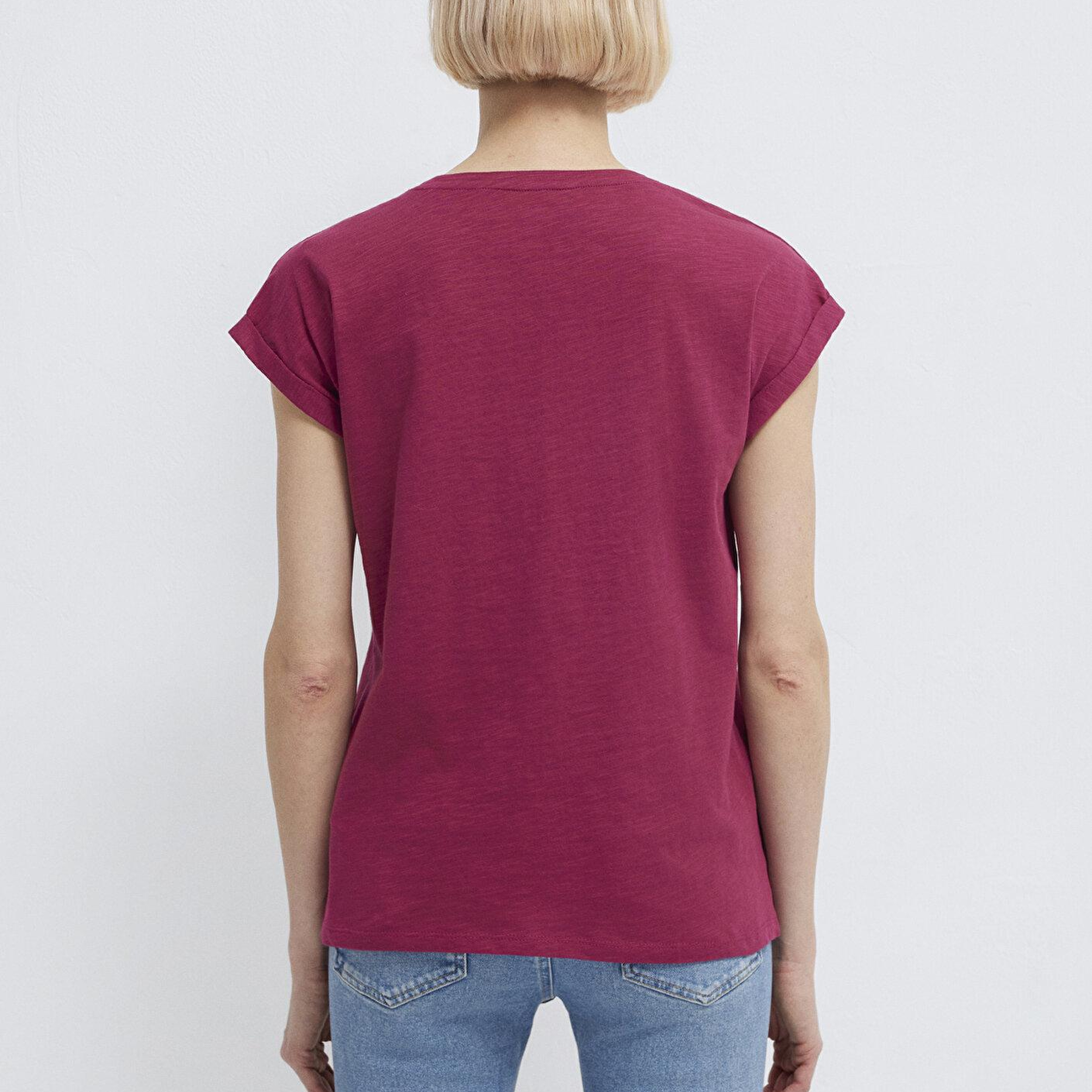 Mavi V Yaka Pembe Basic Tişört Loose Fit / Bol Rahat Kesim 1600961-70919