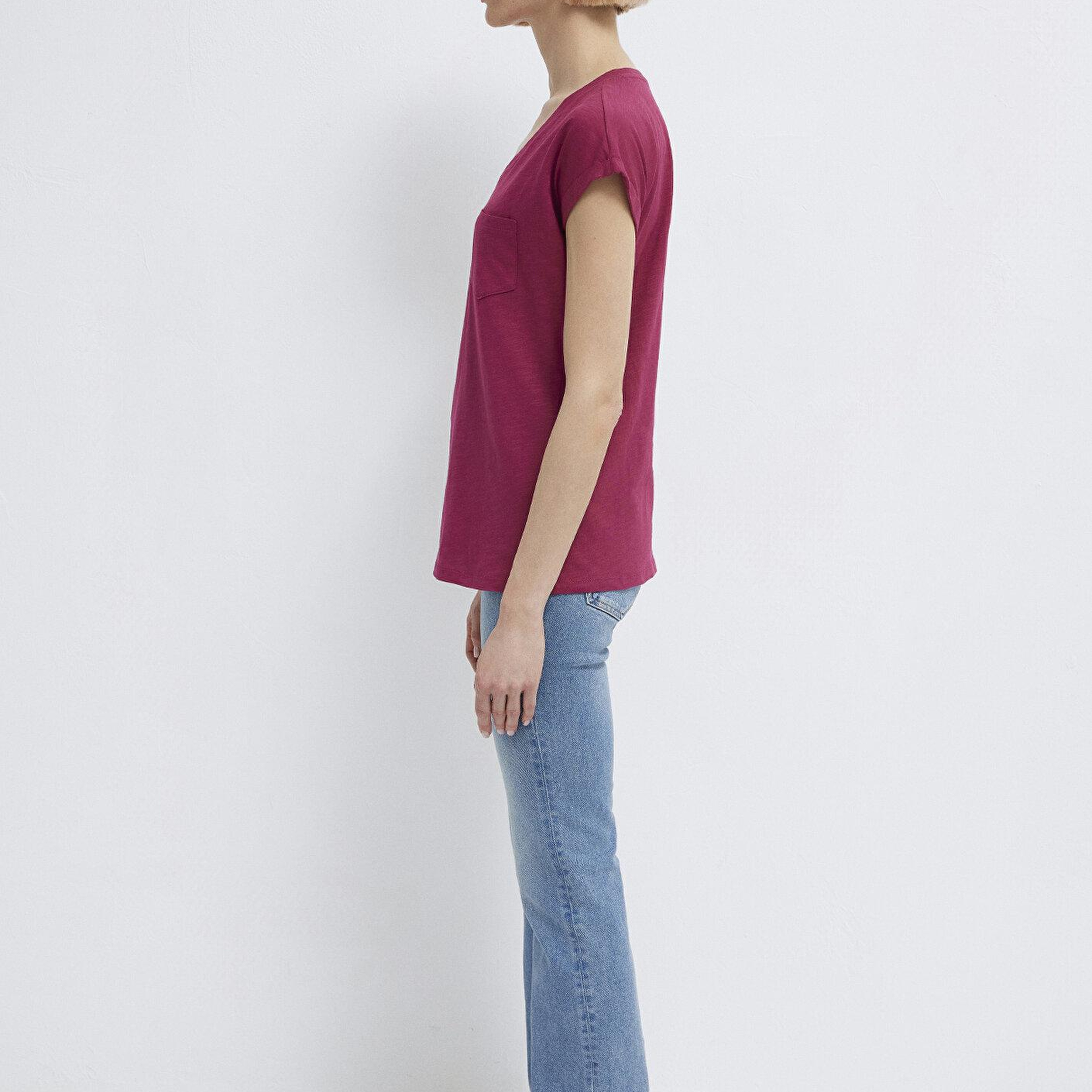 Mavi V Yaka Pembe Basic Tişört Loose Fit / Bol Rahat Kesim 1600961-70919