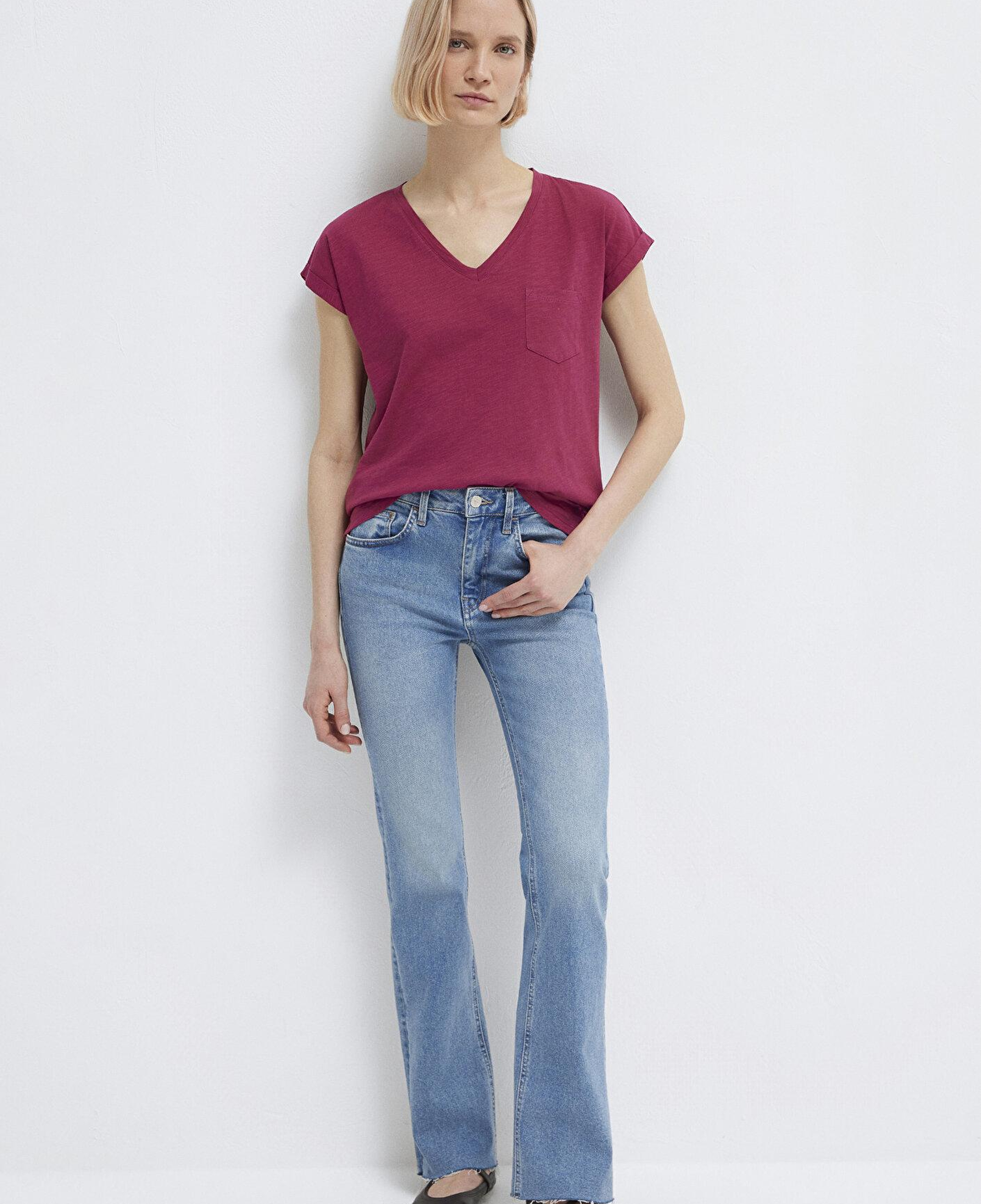 Mavi V Yaka Pembe Basic Tişört Loose Fit / Bol Rahat Kesim 1600961-70919