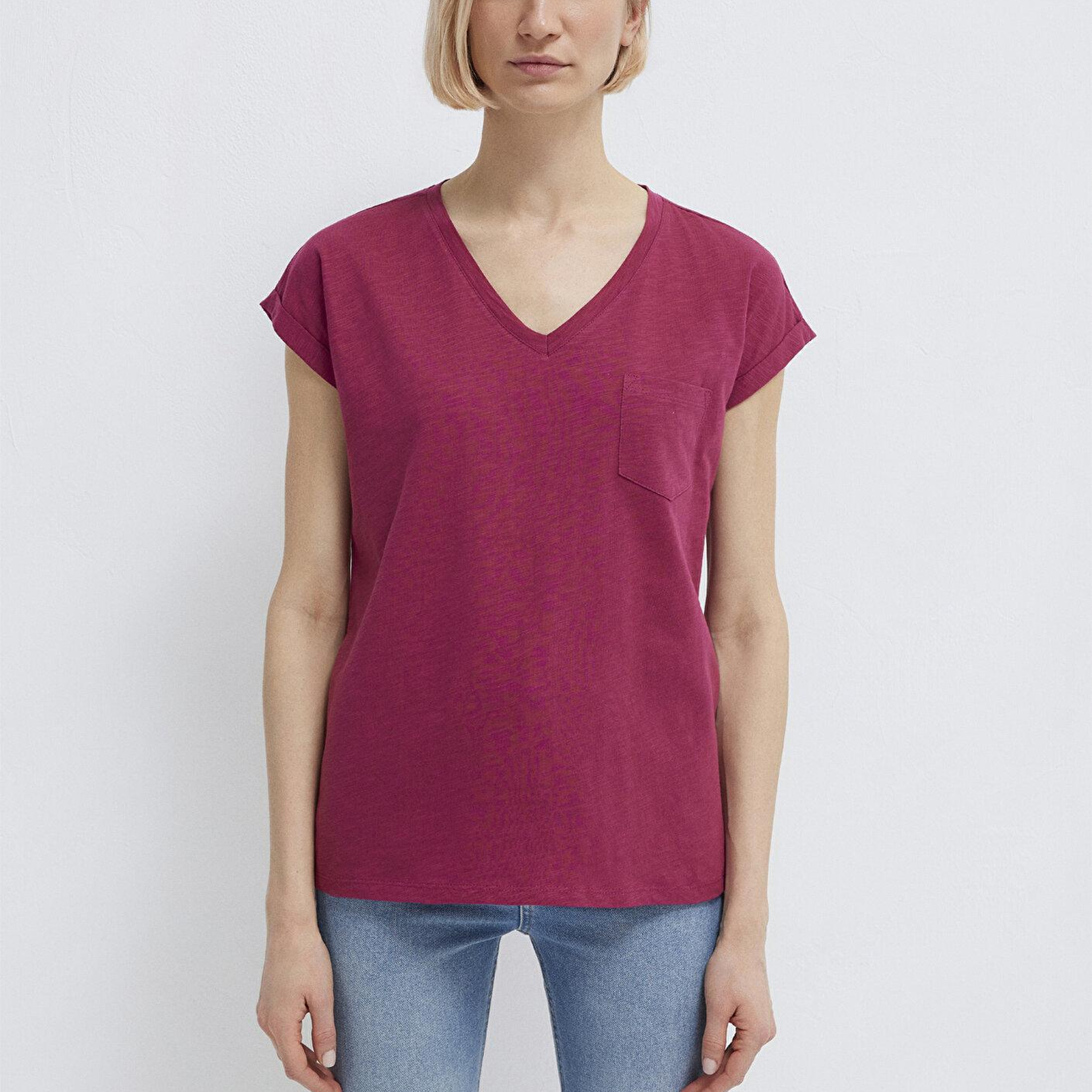 Mavi V Yaka Pembe Basic Tişört Loose Fit / Bol Rahat Kesim 1600961-70919