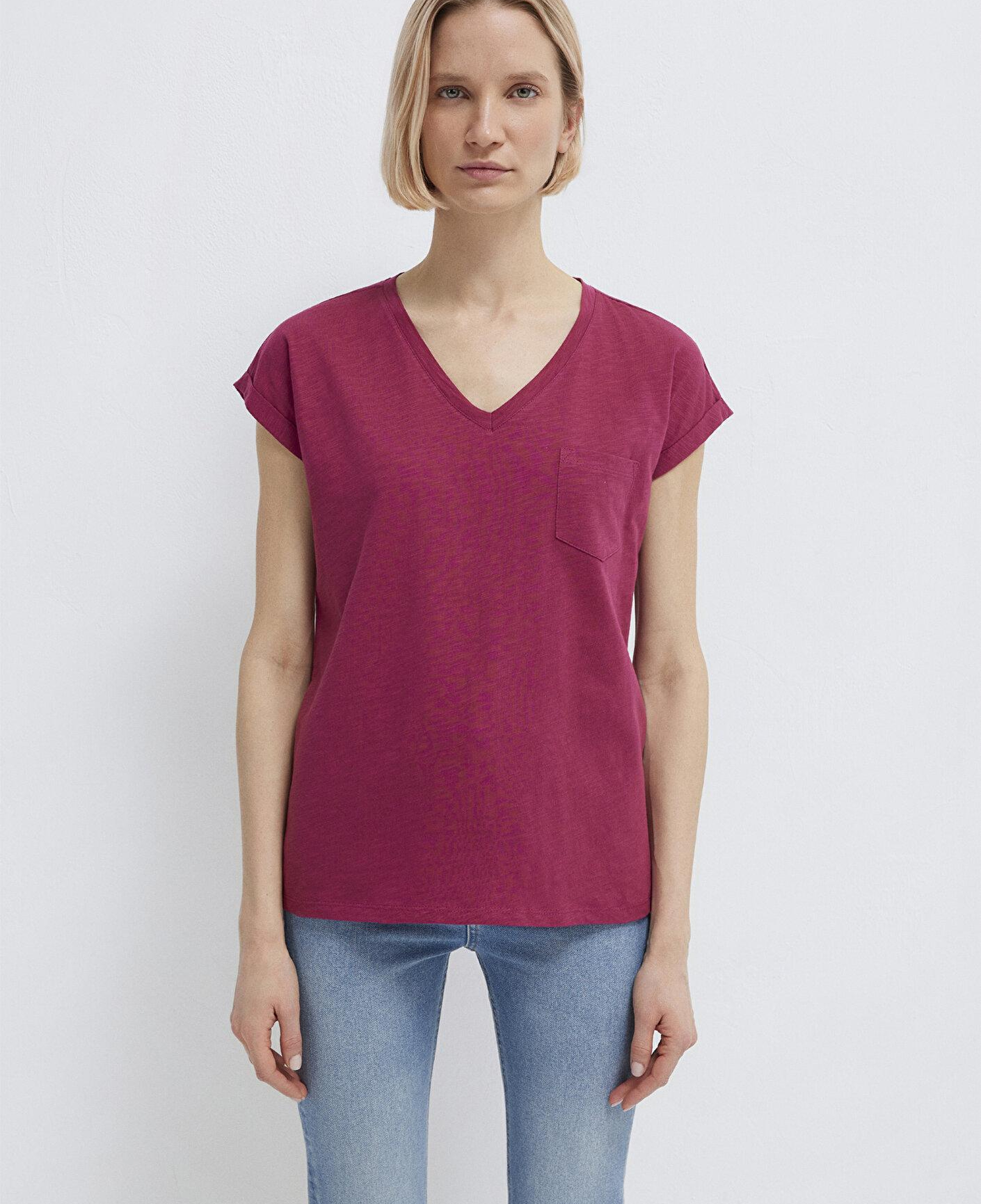Mavi V Yaka Pembe Basic Tişört Loose Fit / Bol Rahat Kesim 1600961-70919
