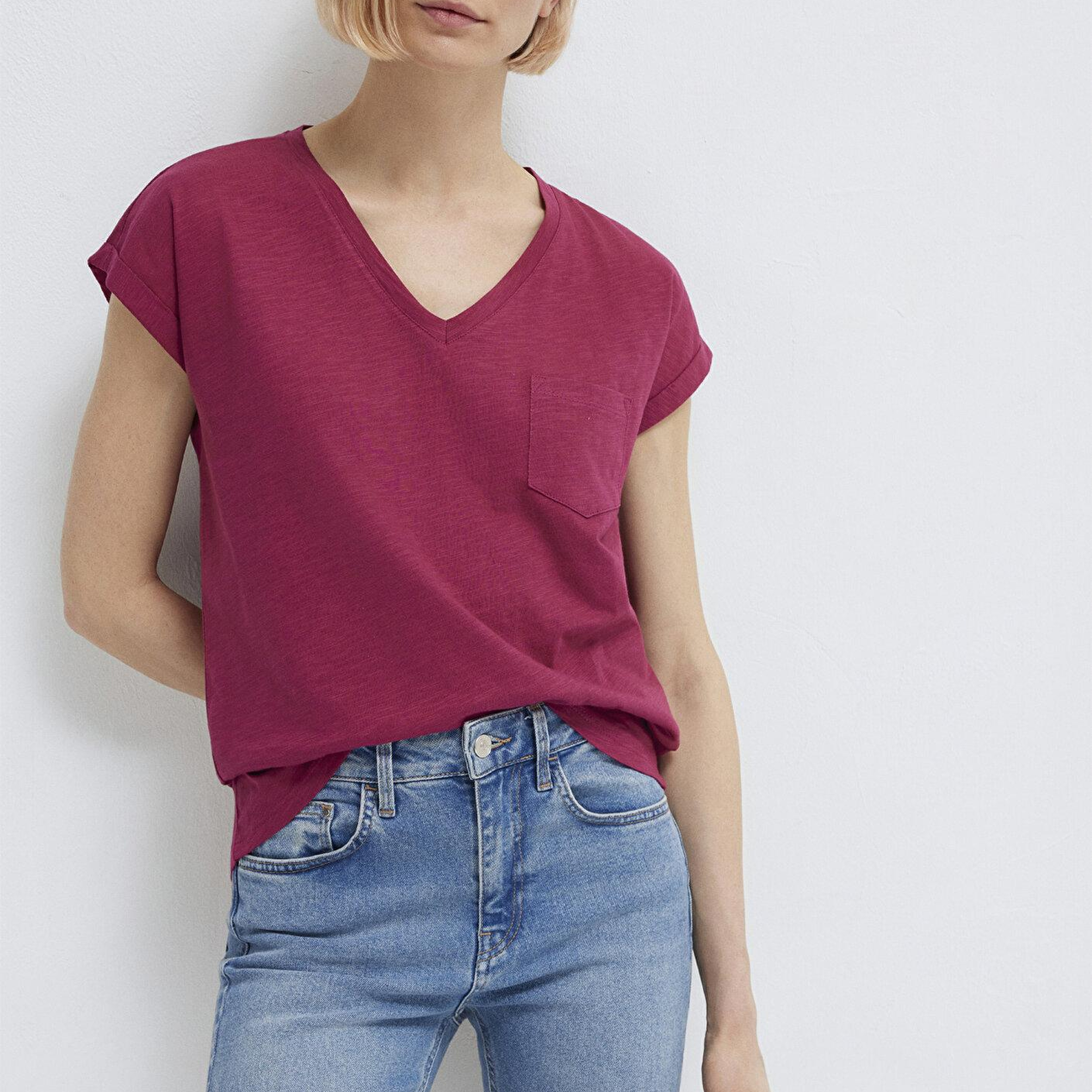 Mavi V Yaka Pembe Basic Tişört Loose Fit / Bol Rahat Kesim 1600961-70919