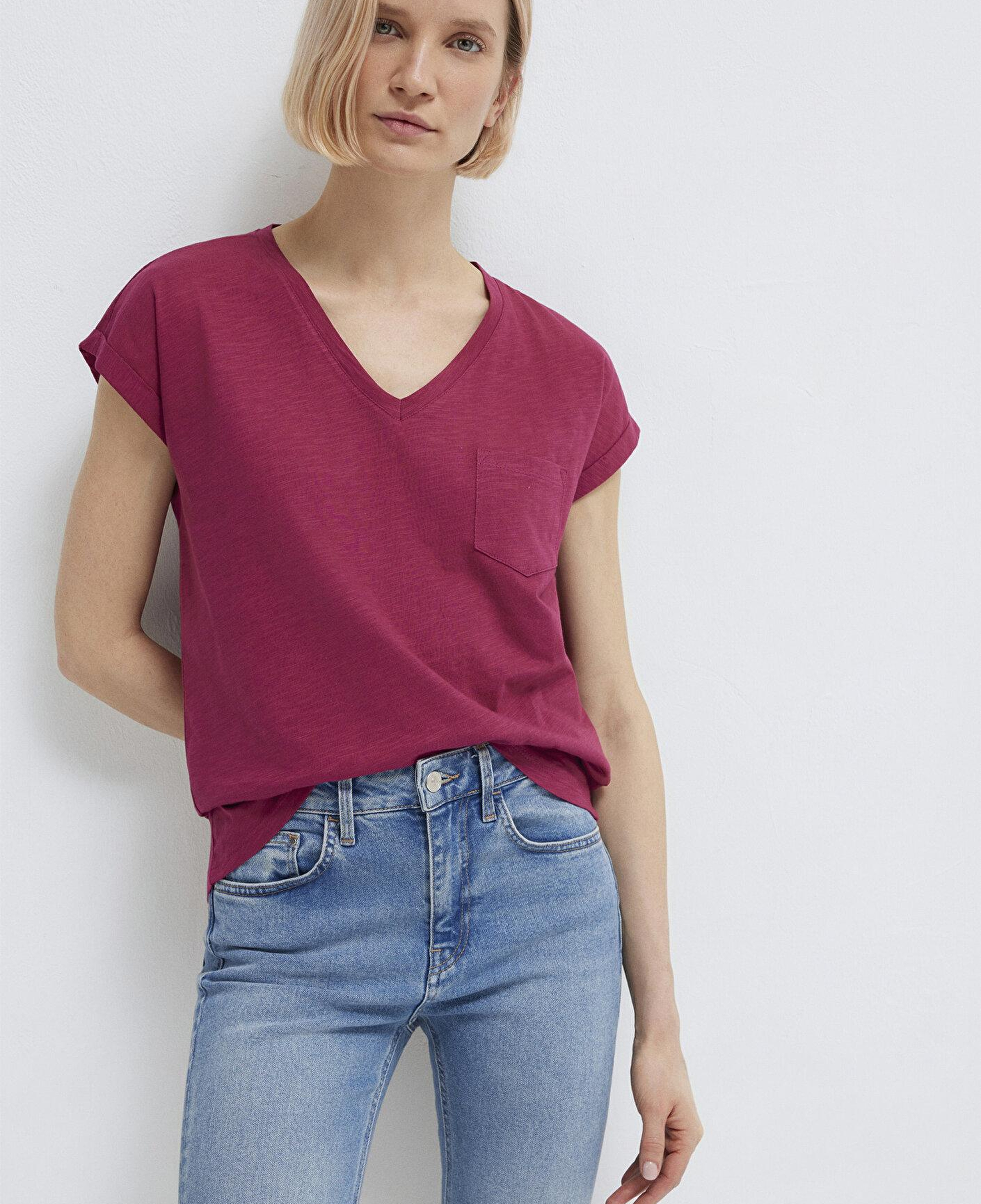 Mavi V Yaka Pembe Basic Tişört Loose Fit / Bol Rahat Kesim 1600961-70919