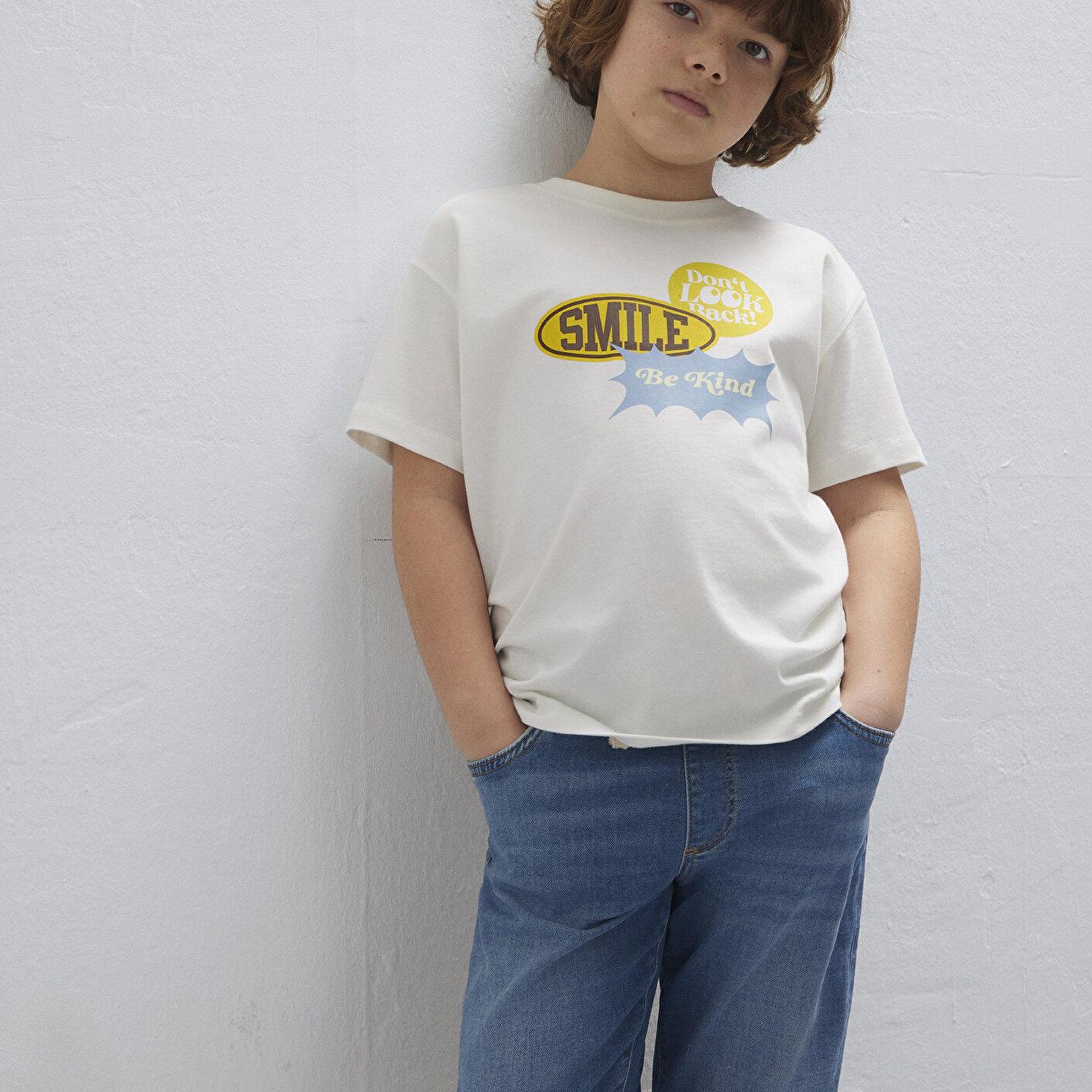 Mavi Baskılı Ekru Tişört Loose Fit / Bol Rahat Kesim 6610399-70057