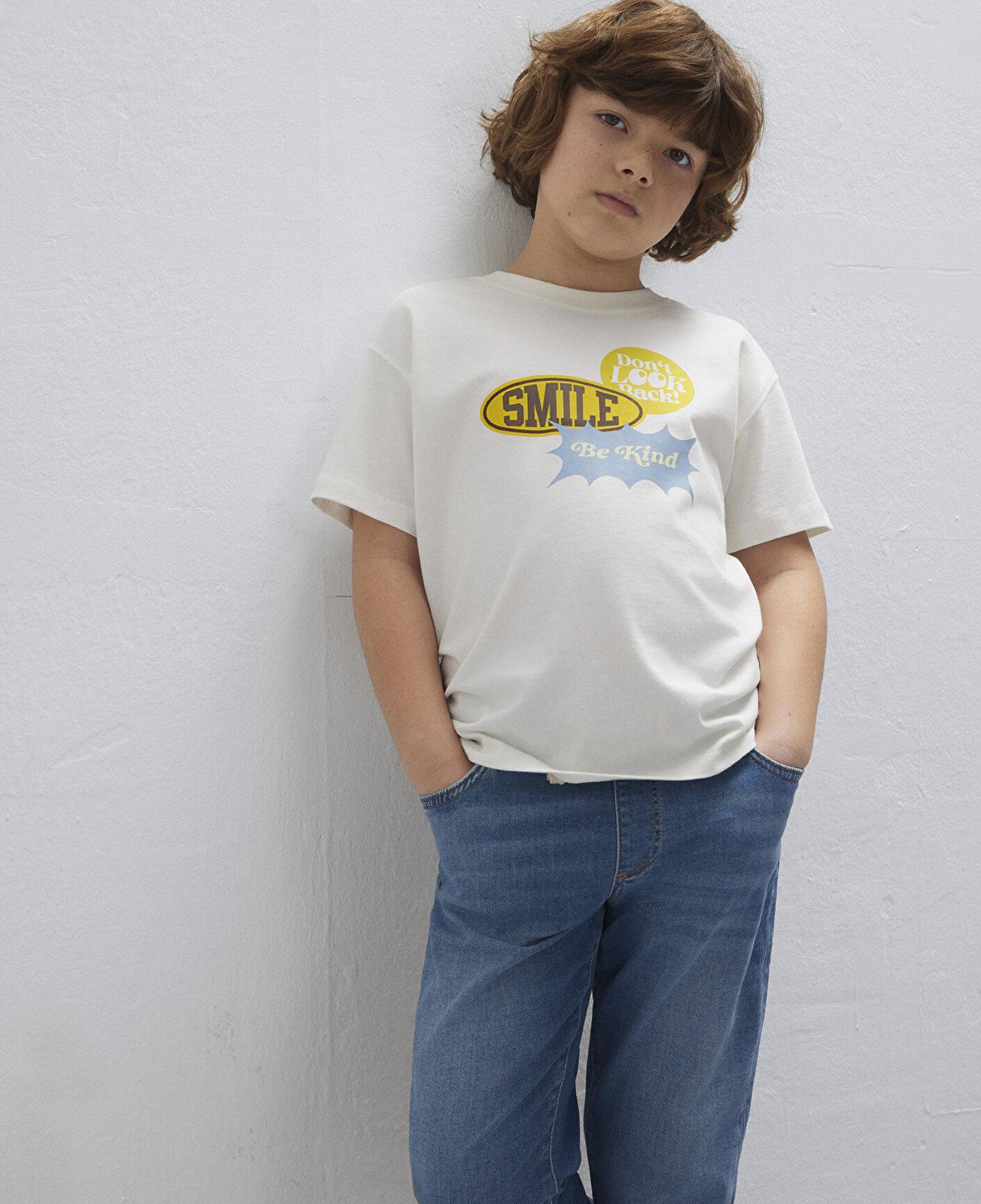 Mavi Baskılı Ekru Tişört Loose Fit / Bol Rahat Kesim 6610399-70057