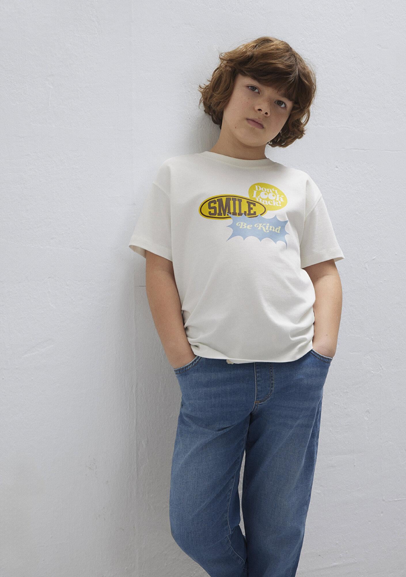 Mavi Baskılı Ekru Tişört Loose Fit / Bol Rahat Kesim 6610399-70057