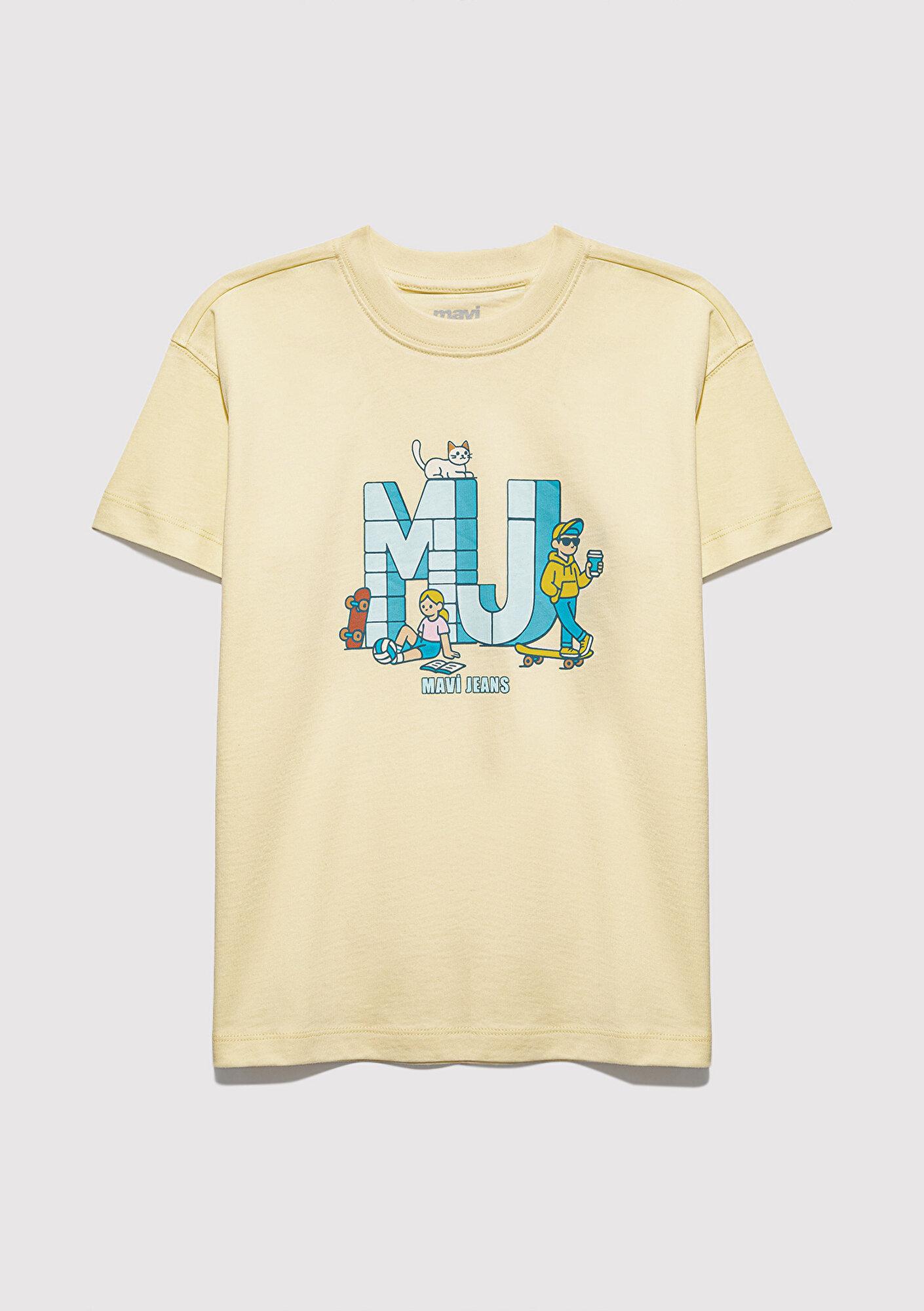 Mavi MJ Logo Baskılı Sarı Tişört Loose Fit / Bol Rahat Kesim 7610431-89143