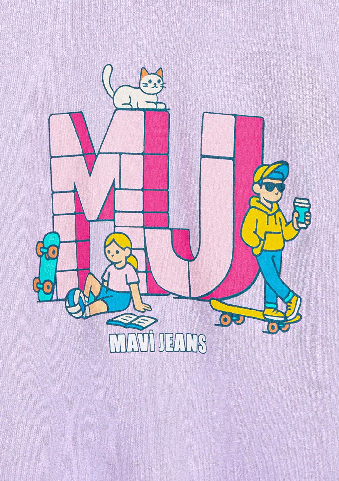 Mavi MJ Logo Baskılı Mor Tişört Loose Fit / Bol Rahat Kesim 7610431-70519