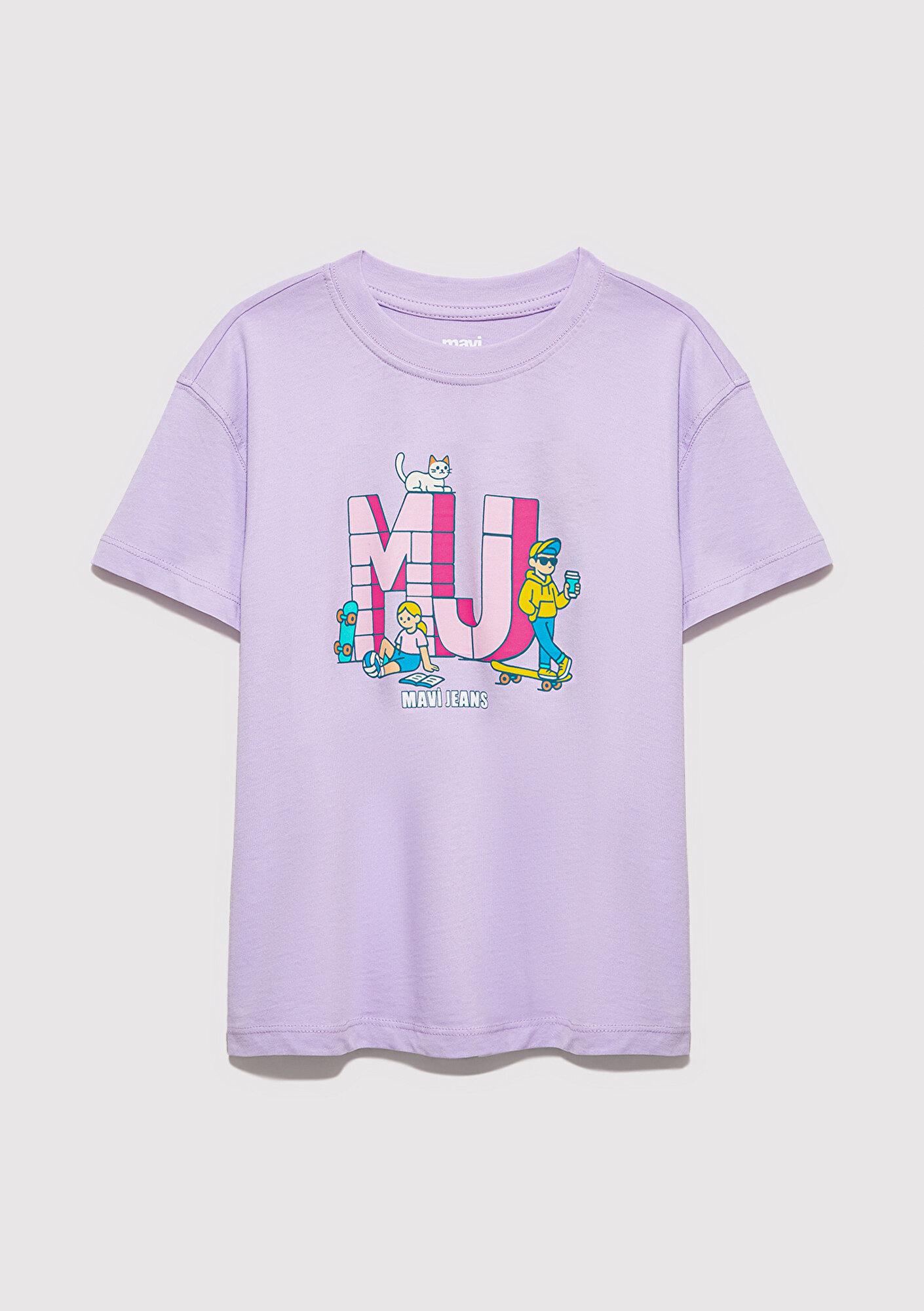 Mavi MJ Logo Baskılı Mor Tişört Loose Fit / Bol Rahat Kesim 7610431-70519