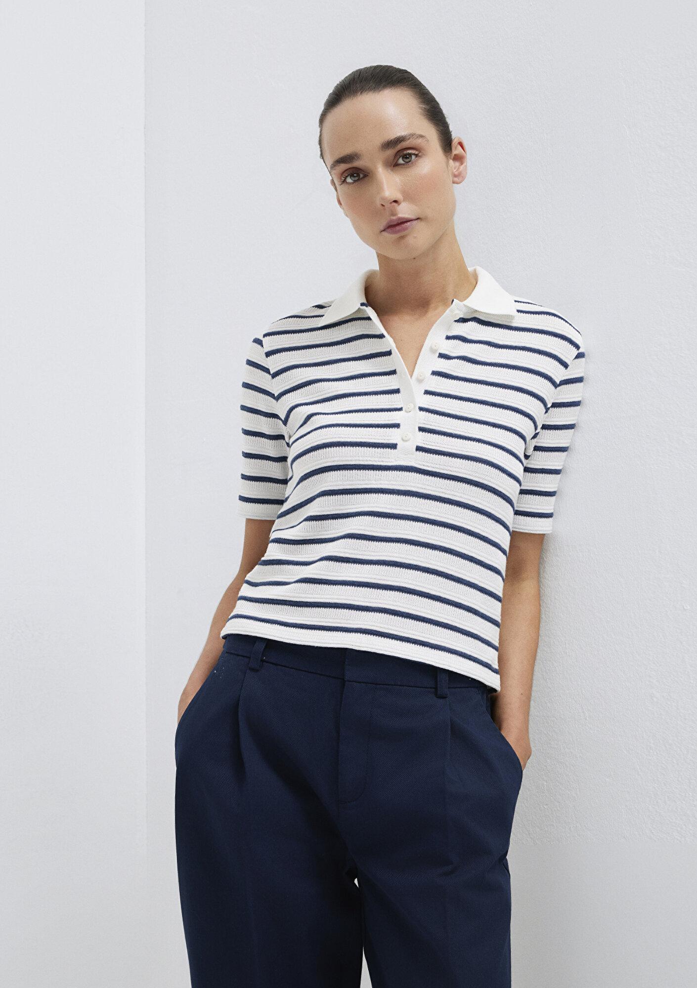 Mavi Lacivert Çizgi Dokulu Beyaz Polo Tişört Slim Fit / Dar Kesim 1613787-86625