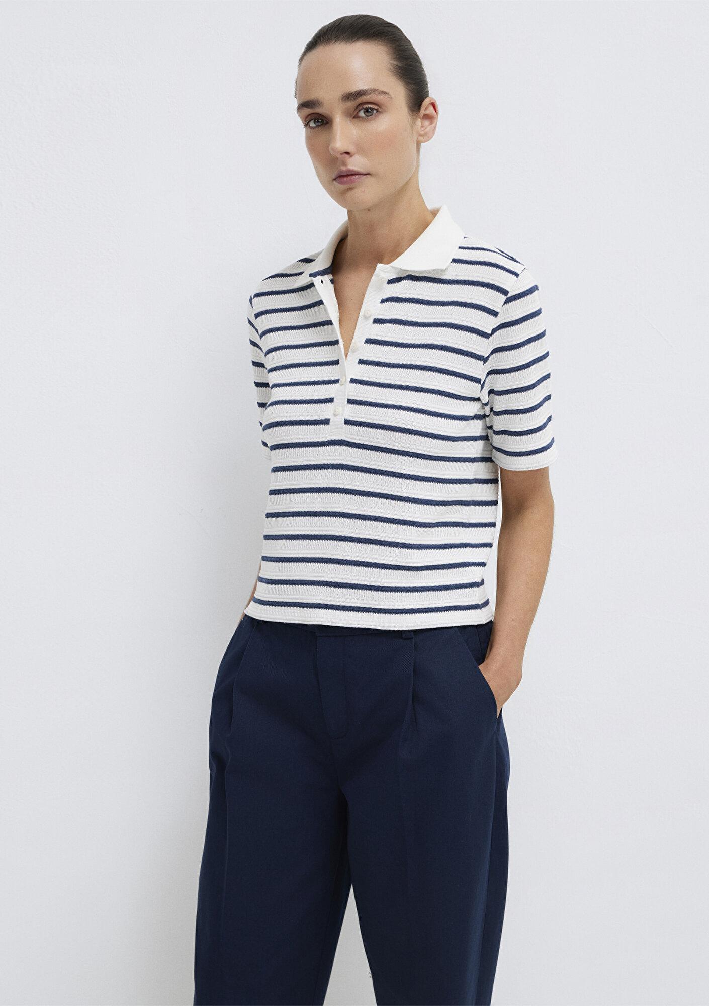 Mavi Lacivert Çizgi Dokulu Beyaz Polo Tişört Slim Fit / Dar Kesim 1613787-86625