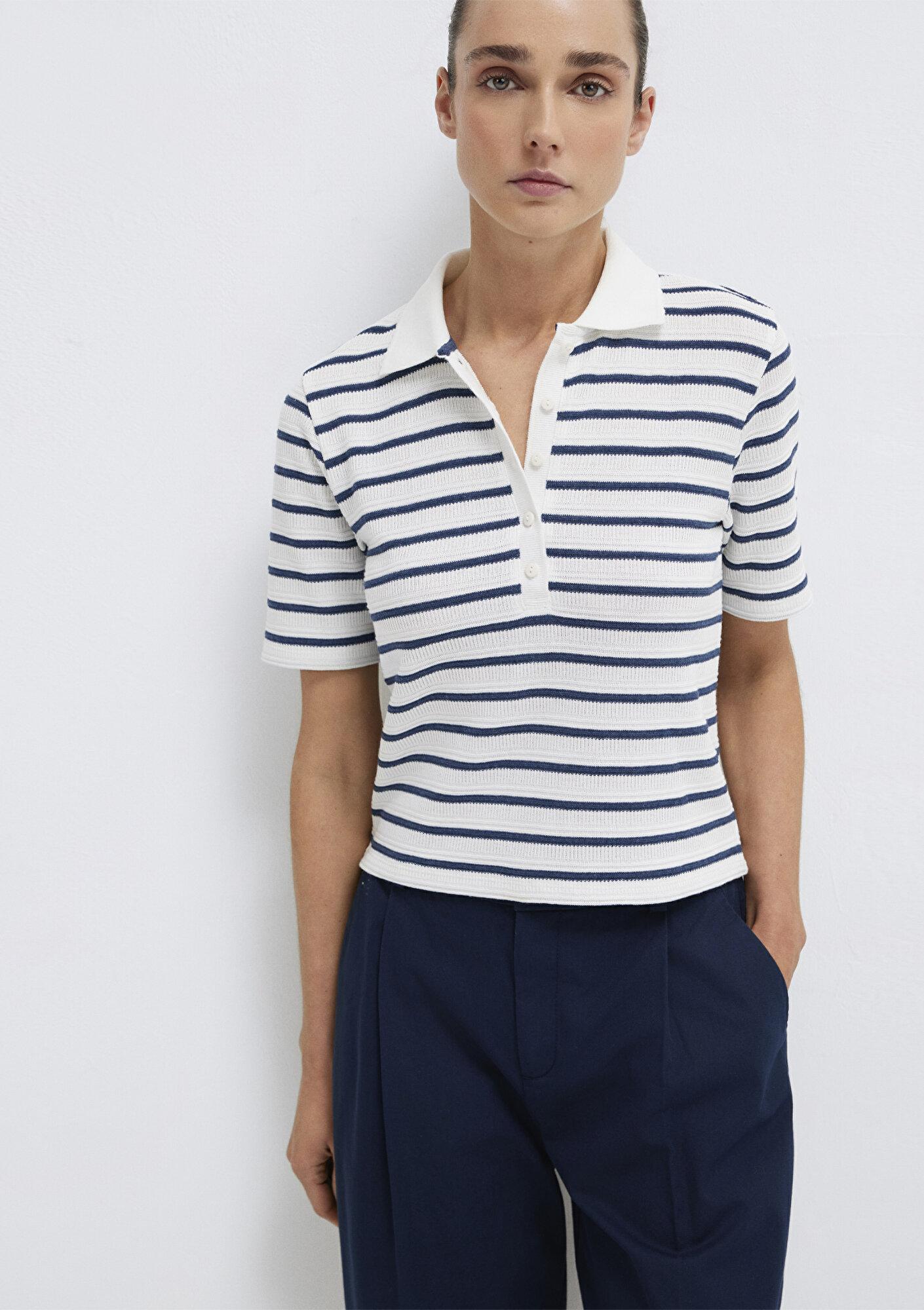 Mavi Lacivert Çizgi Dokulu Beyaz Polo Tişört Slim Fit / Dar Kesim 1613787-86625