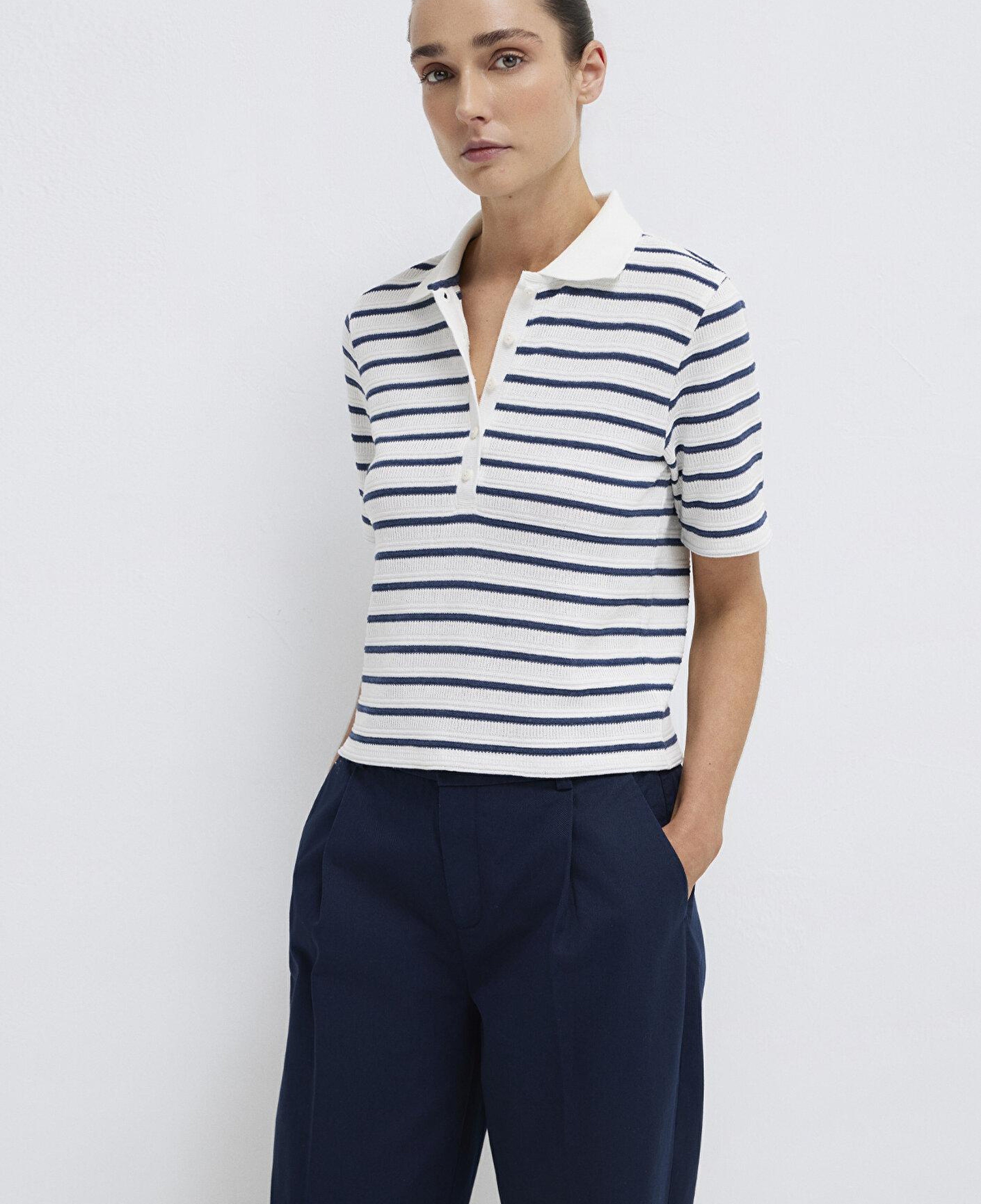 Mavi Lacivert Çizgi Dokulu Beyaz Polo Tişört Slim Fit / Dar Kesim 1613787-86625