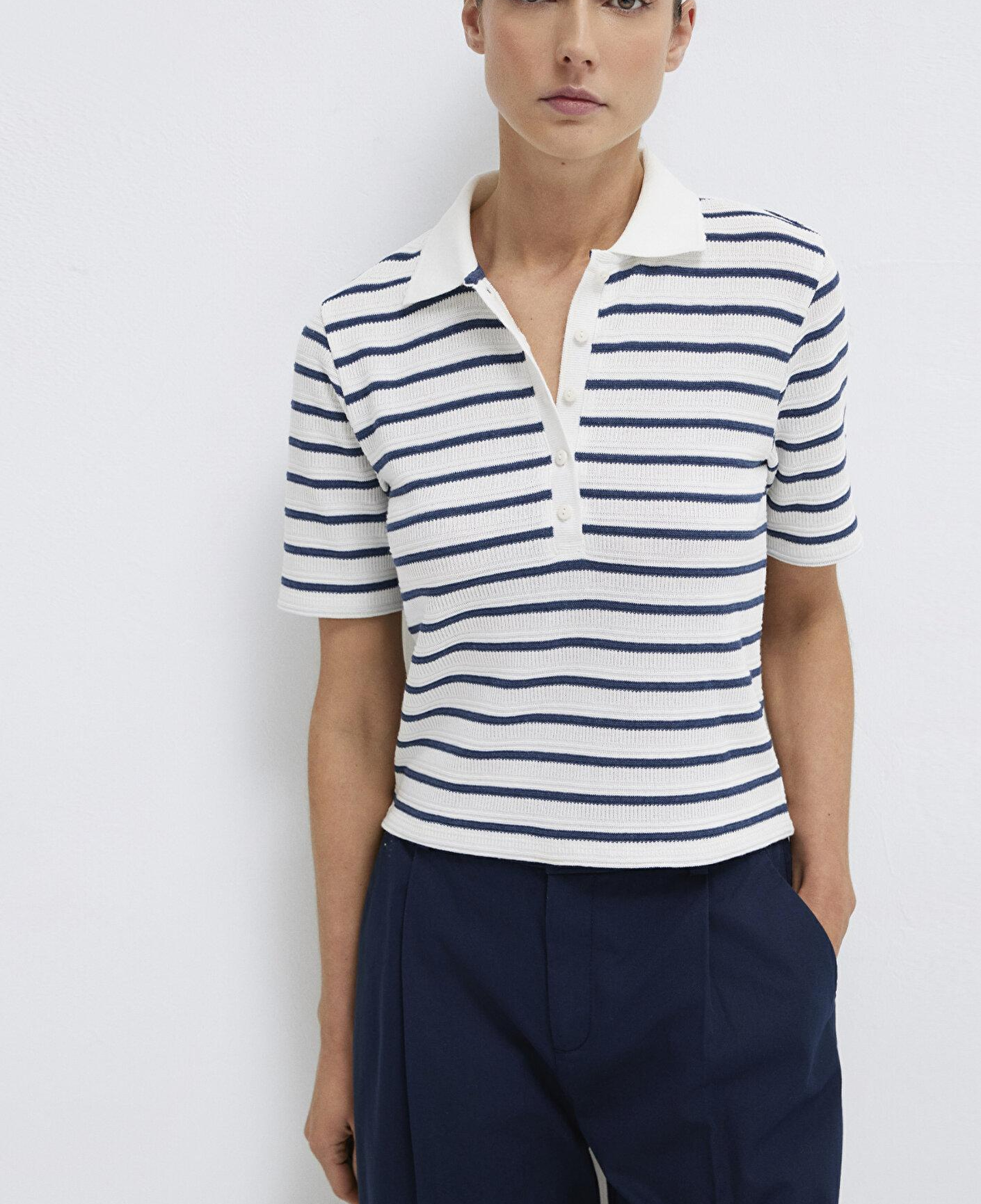 Mavi Lacivert Çizgi Dokulu Beyaz Polo Tişört Slim Fit / Dar Kesim 1613787-86625