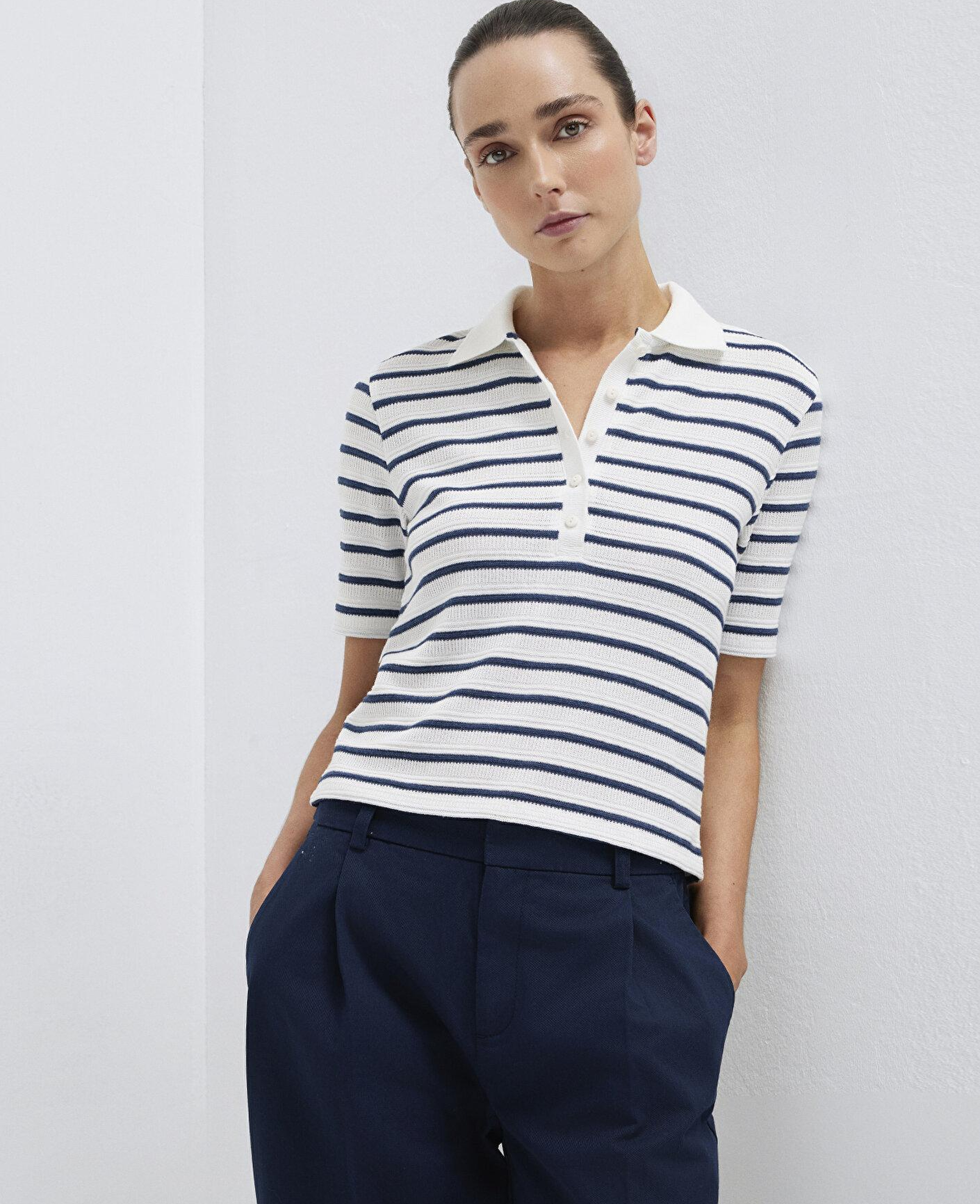 Mavi Lacivert Çizgi Dokulu Beyaz Polo Tişört Slim Fit / Dar Kesim 1613787-86625