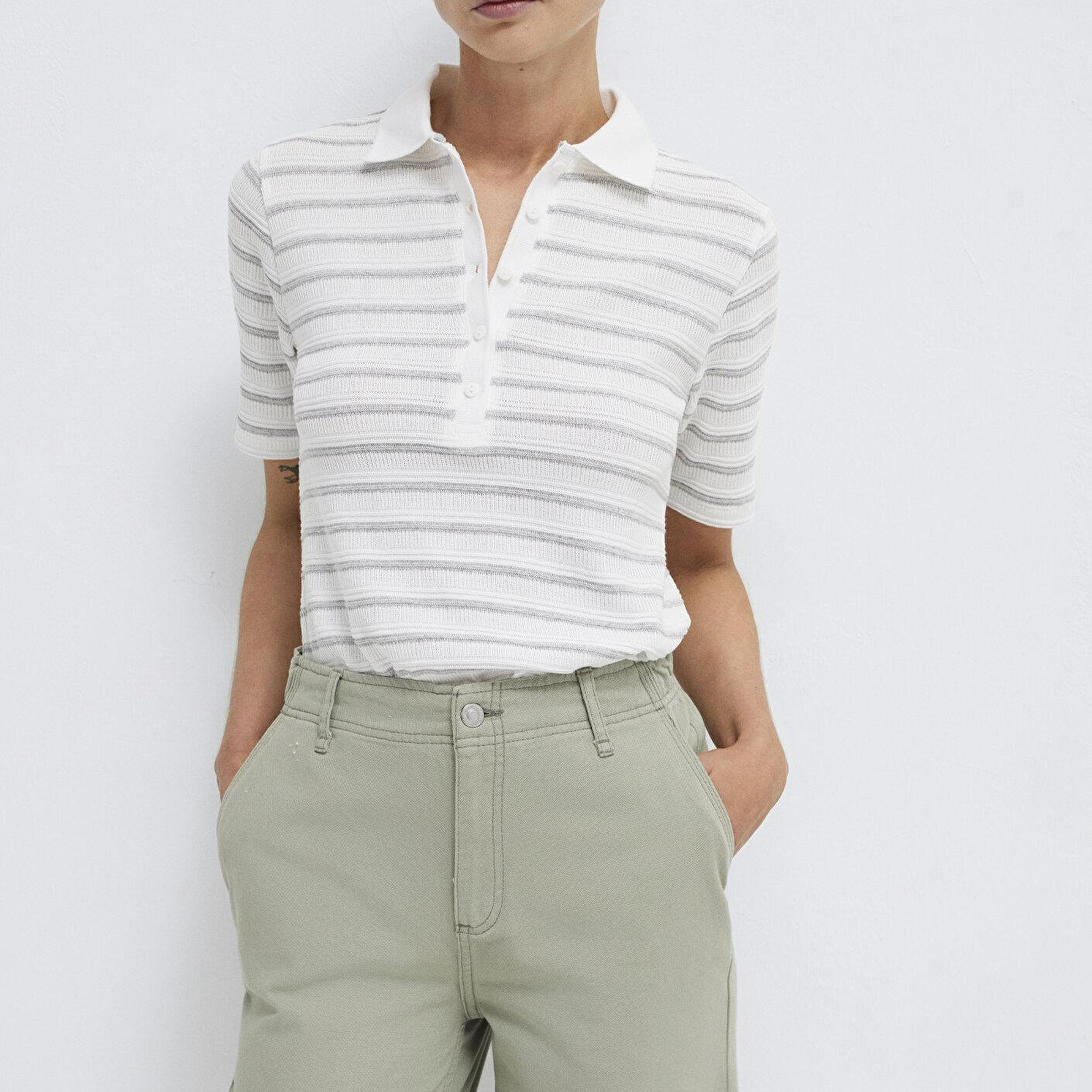 Mavi Gri Çizgi Dokulu Beyaz Polo Tişört Slim Fit / Dar Kesim 1613787-88146