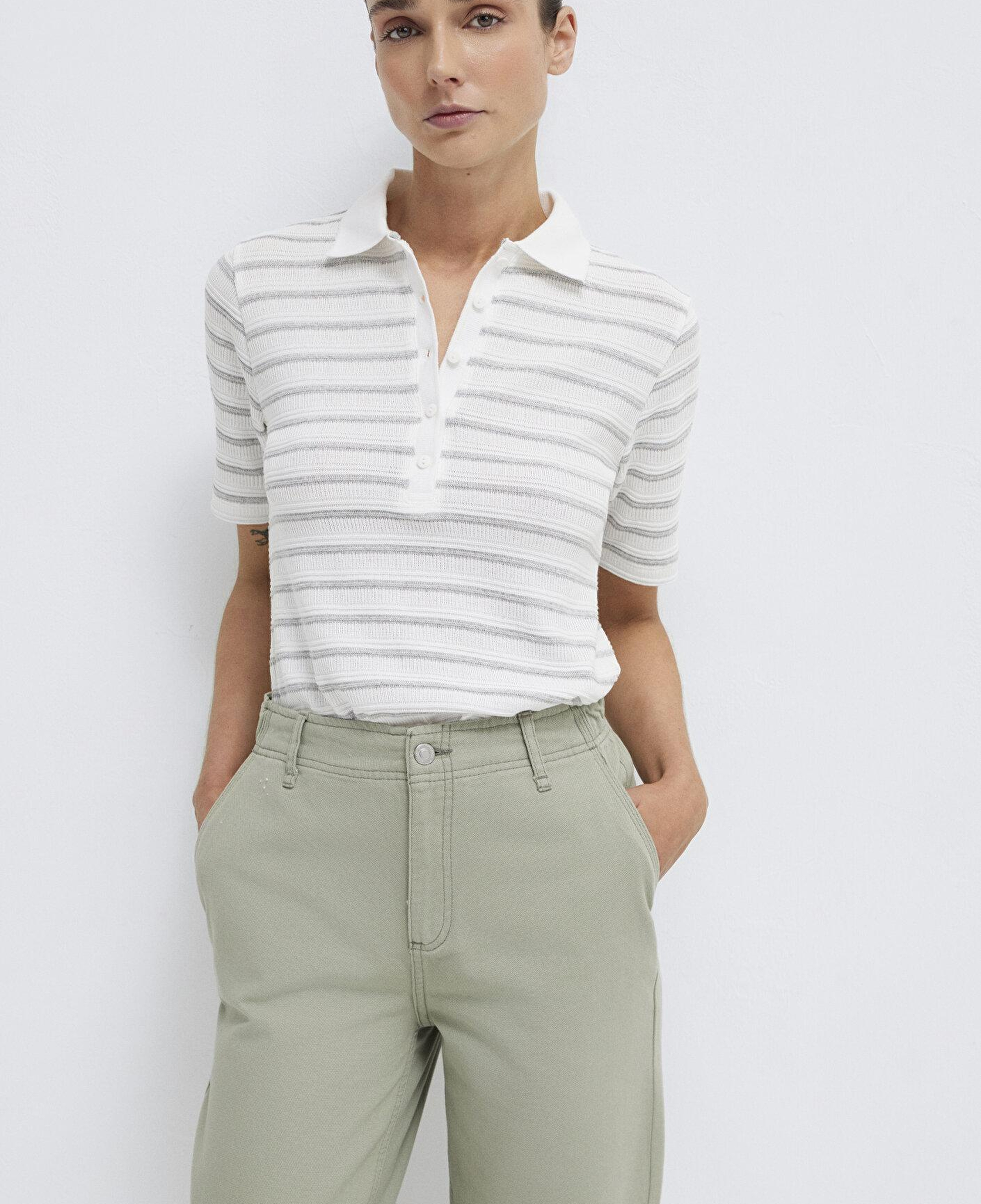 Mavi Gri Çizgi Dokulu Beyaz Polo Tişört Slim Fit / Dar Kesim 1613787-88146