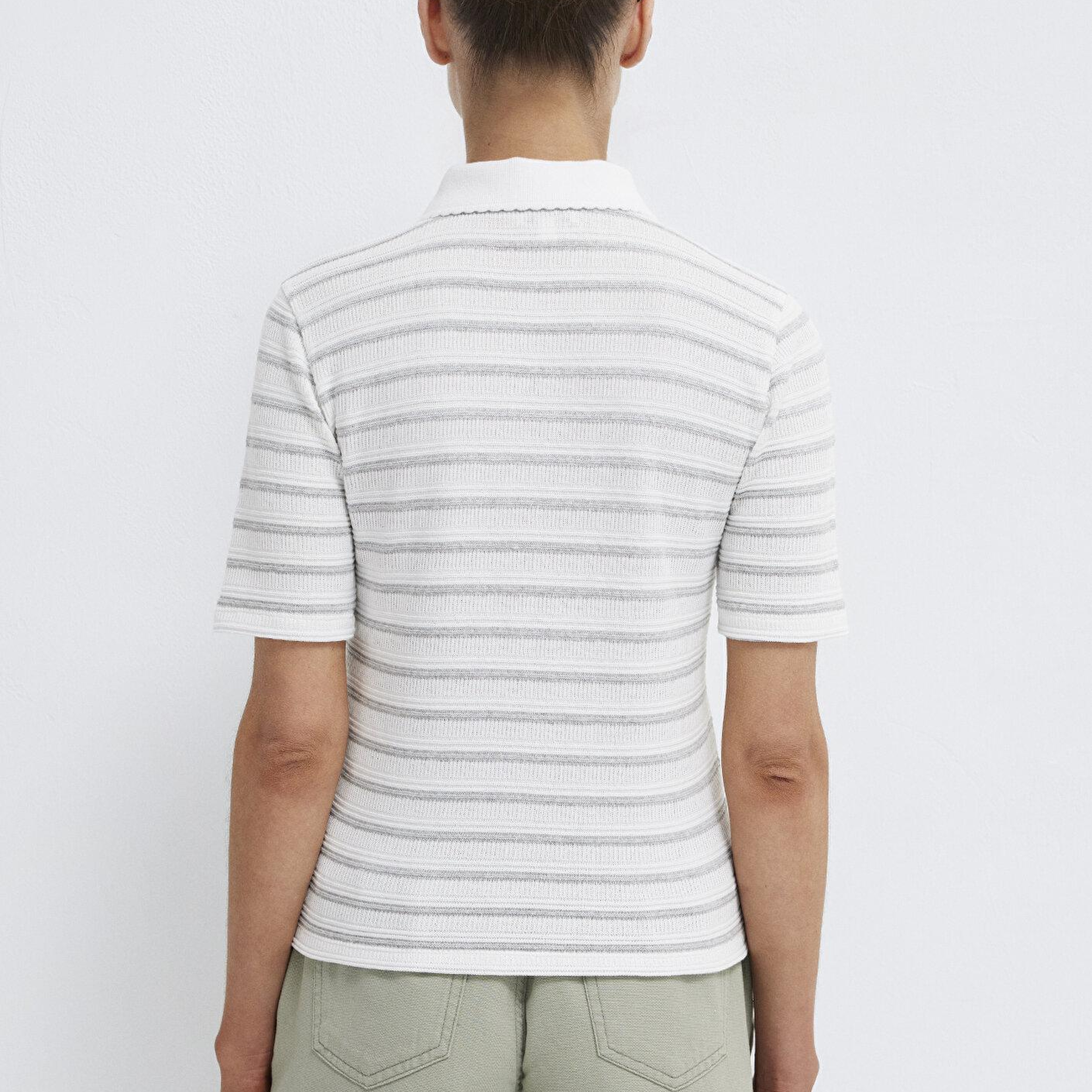 Mavi Gri Çizgi Dokulu Beyaz Polo Tişört Slim Fit / Dar Kesim 1613787-88146