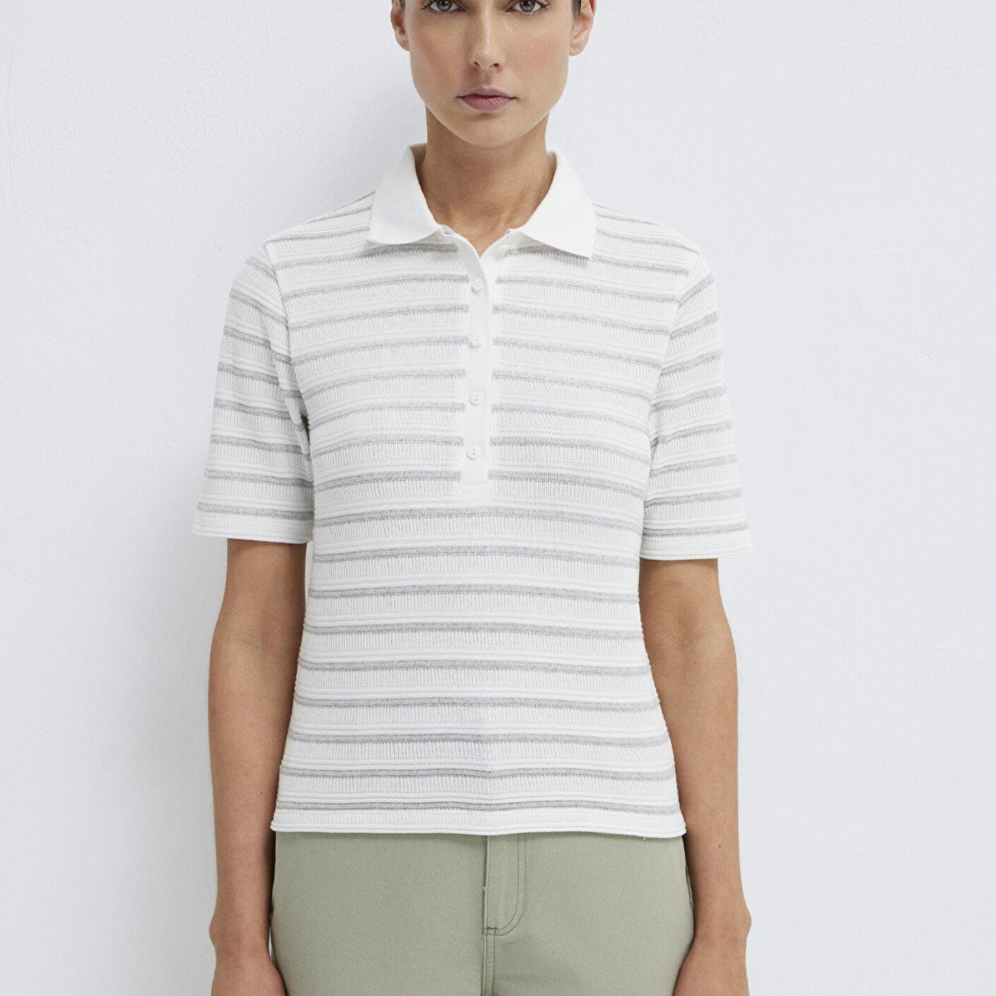 Mavi Gri Çizgi Dokulu Beyaz Polo Tişört Slim Fit / Dar Kesim 1613787-88146