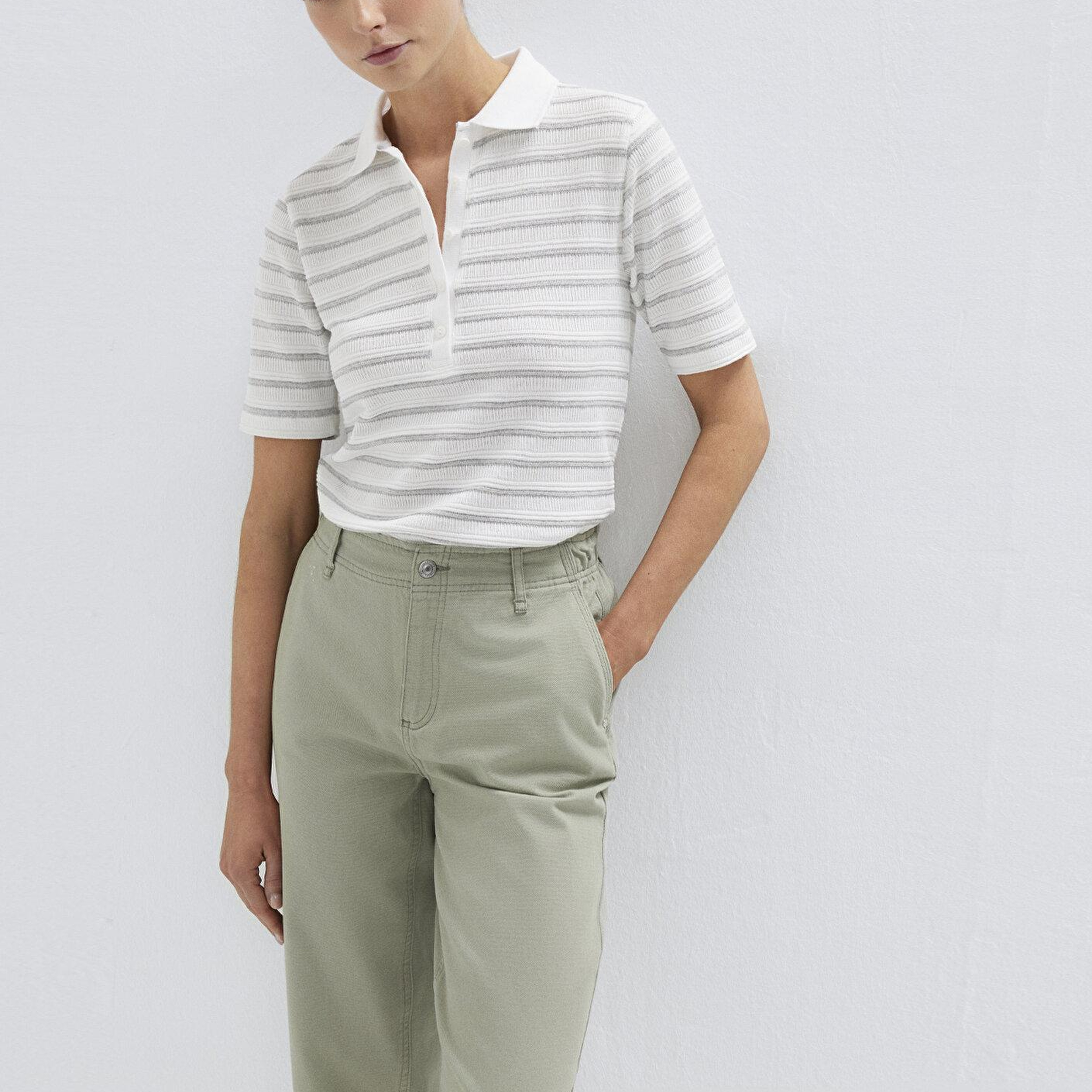 Mavi Gri Çizgi Dokulu Beyaz Polo Tişört Slim Fit / Dar Kesim 1613787-88146