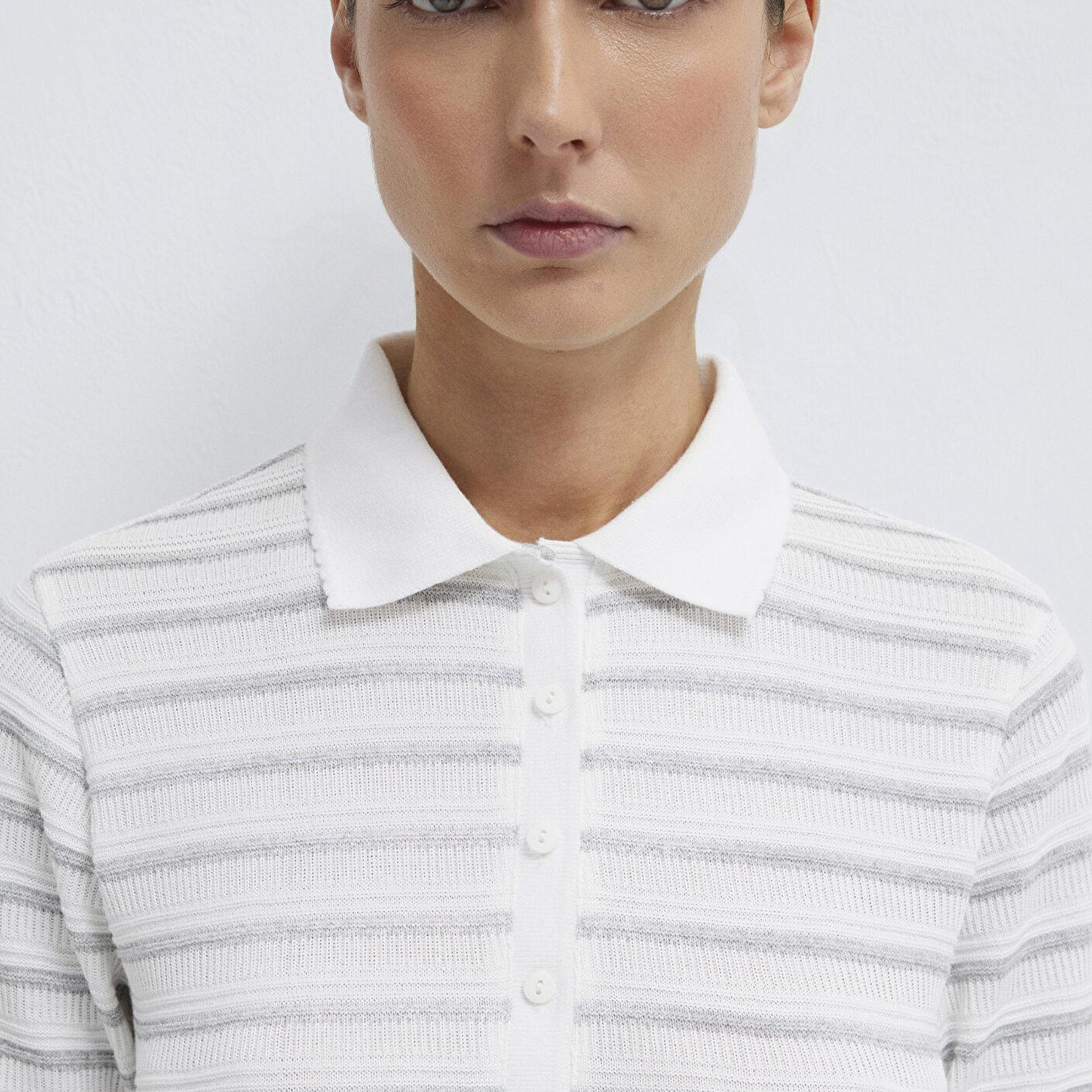 Mavi Gri Çizgi Dokulu Beyaz Polo Tişört Slim Fit / Dar Kesim 1613787-88146