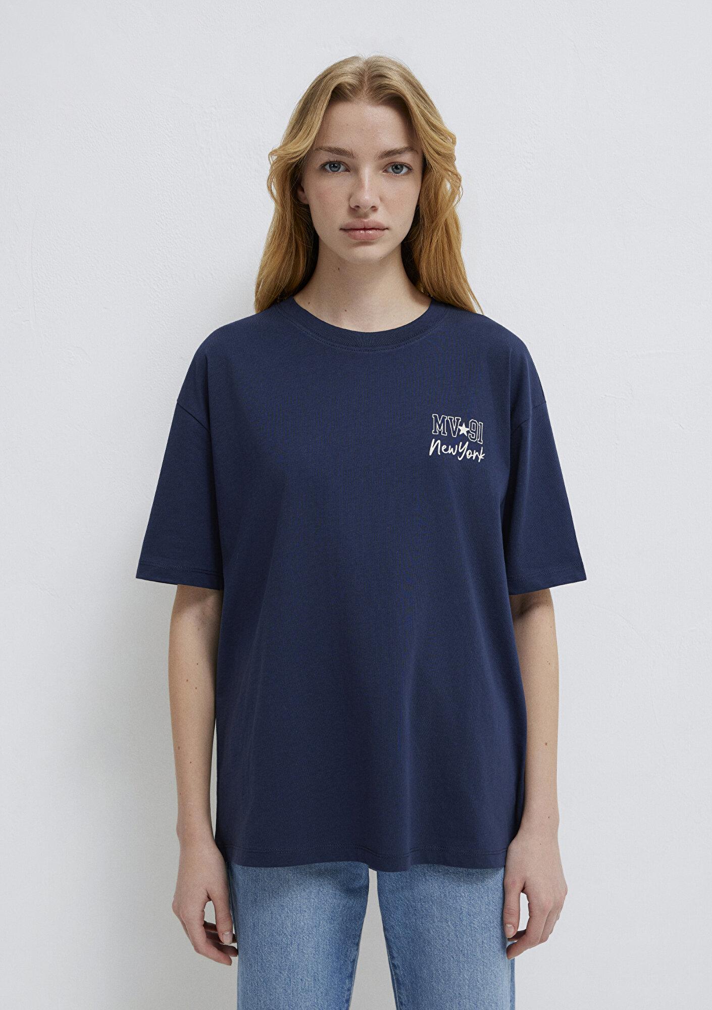 Mavi Sırt Baskılı Lacivert Tişört Loose Fit / Bol Rahat Kesim 1613793-82318