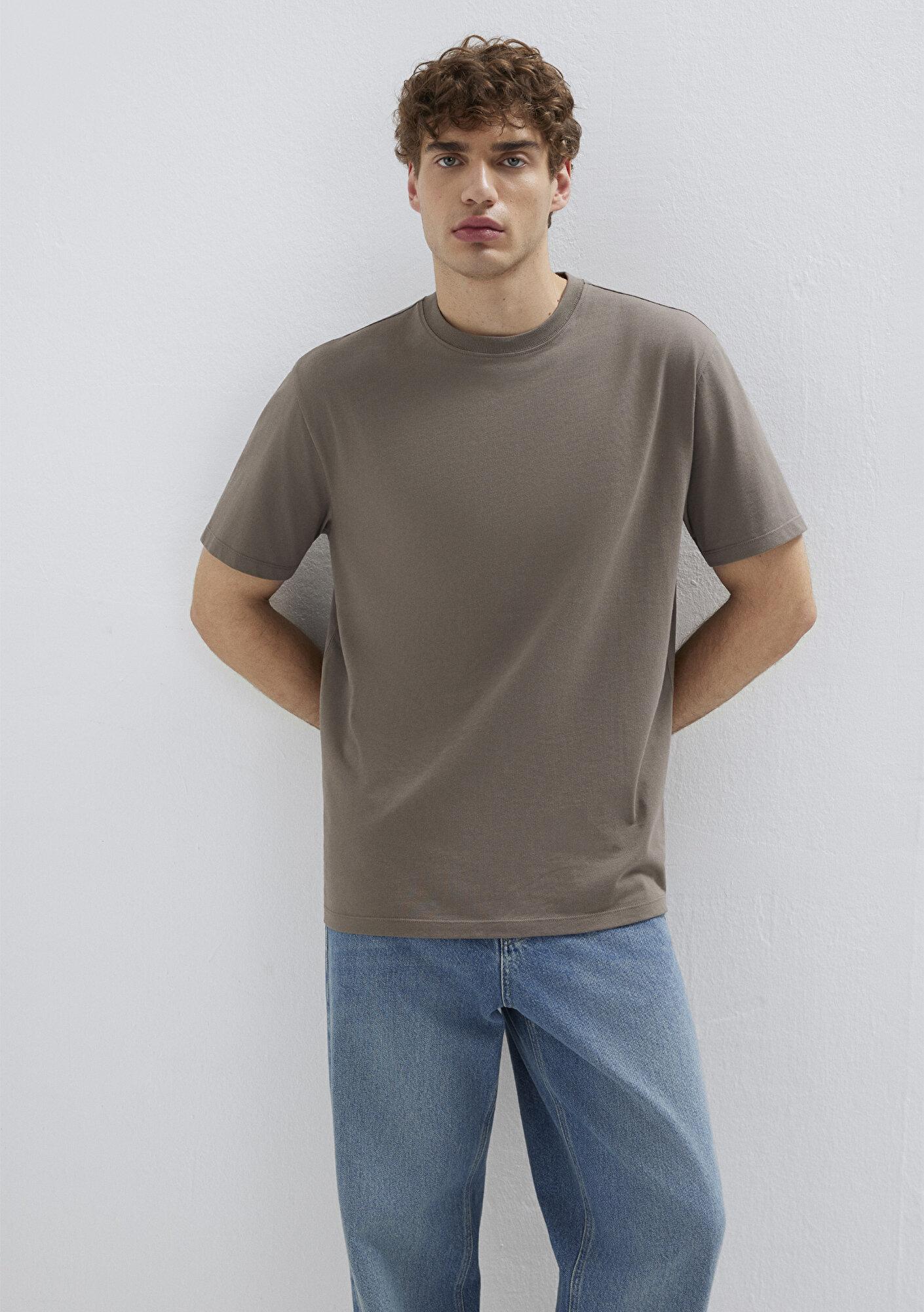 Mavi Kahverengi Basic Tişört Loose Fit / Bol Rahat Kesim 066249-87875