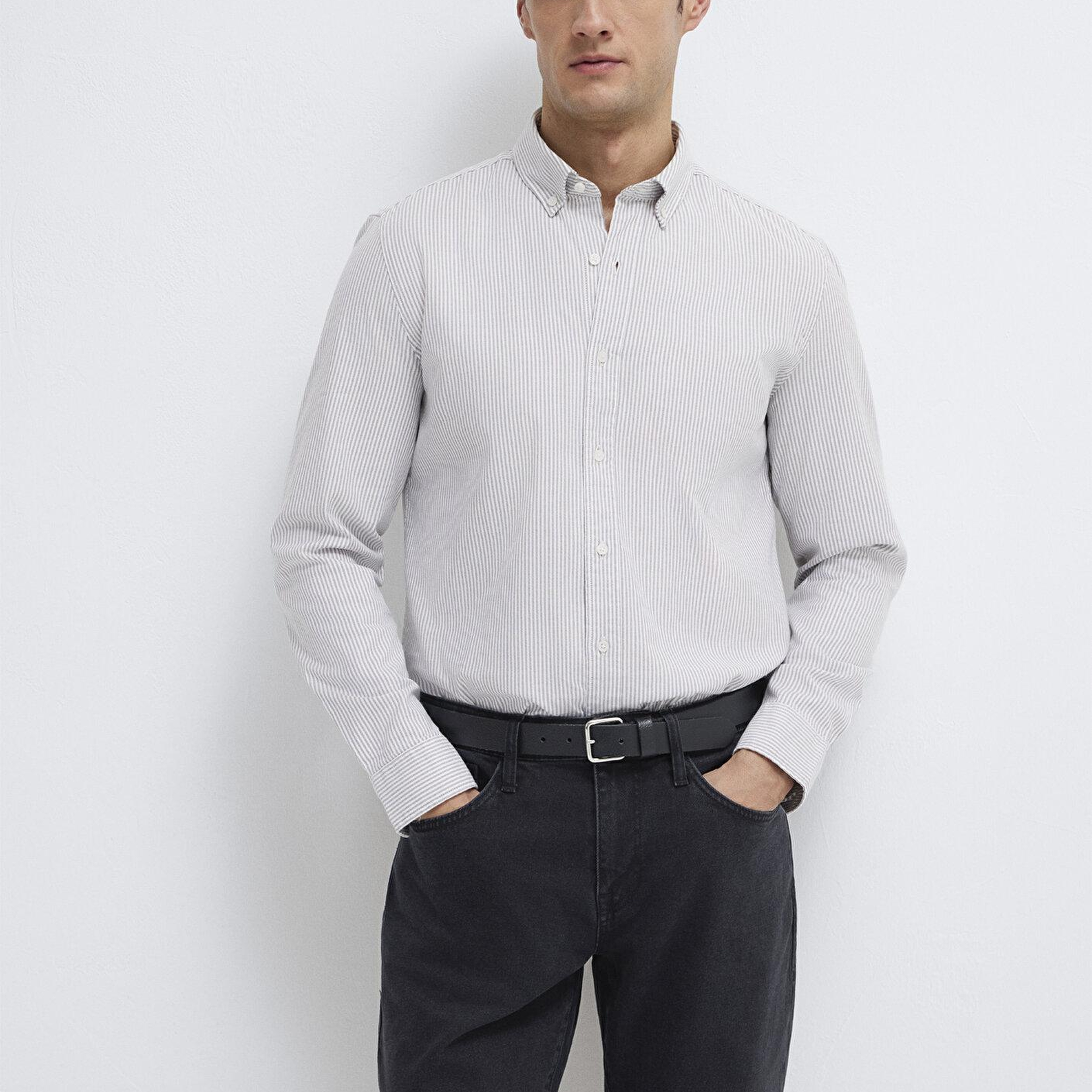 Mavi Gri Çizgili Beyaz Gömlek Slim Fit / Dar Kesim 0211916-91472
