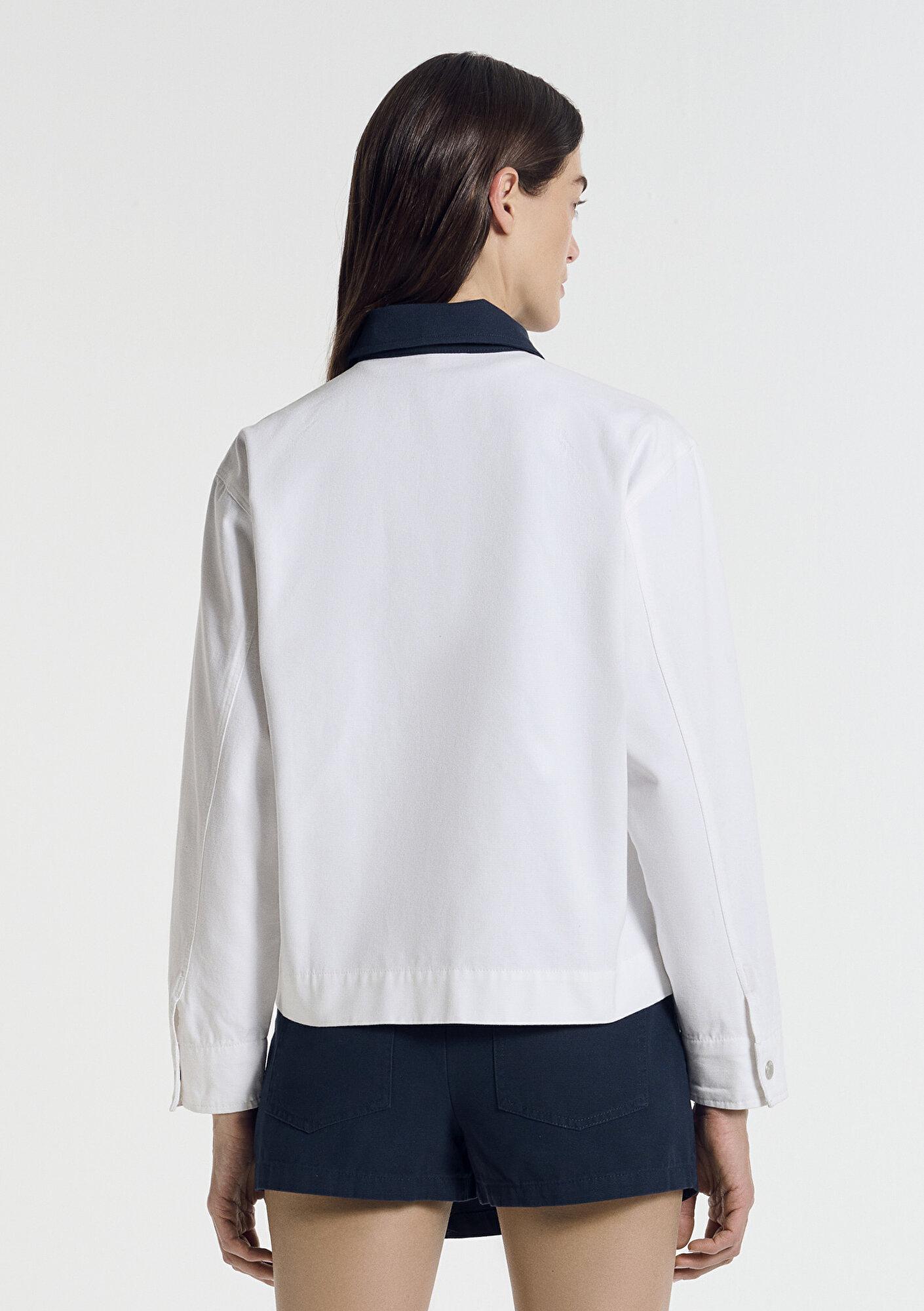 Mavi Yaka Detaylı Beyaz İnce Ceket Loose Fit / Bol Rahat Kesim 1211407-80194