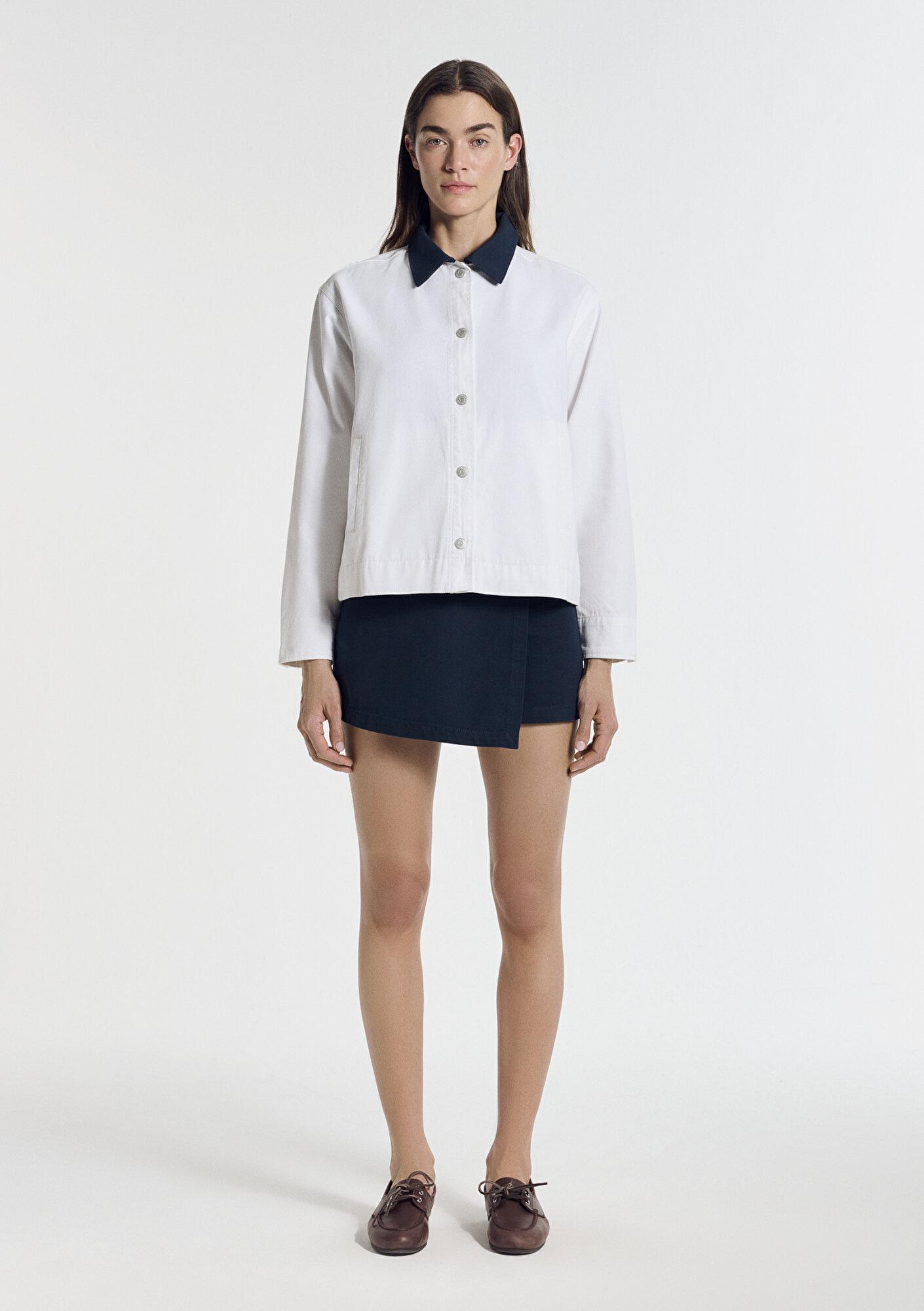 Mavi Yaka Detaylı Beyaz İnce Ceket Loose Fit / Bol Rahat Kesim 1211407-80194