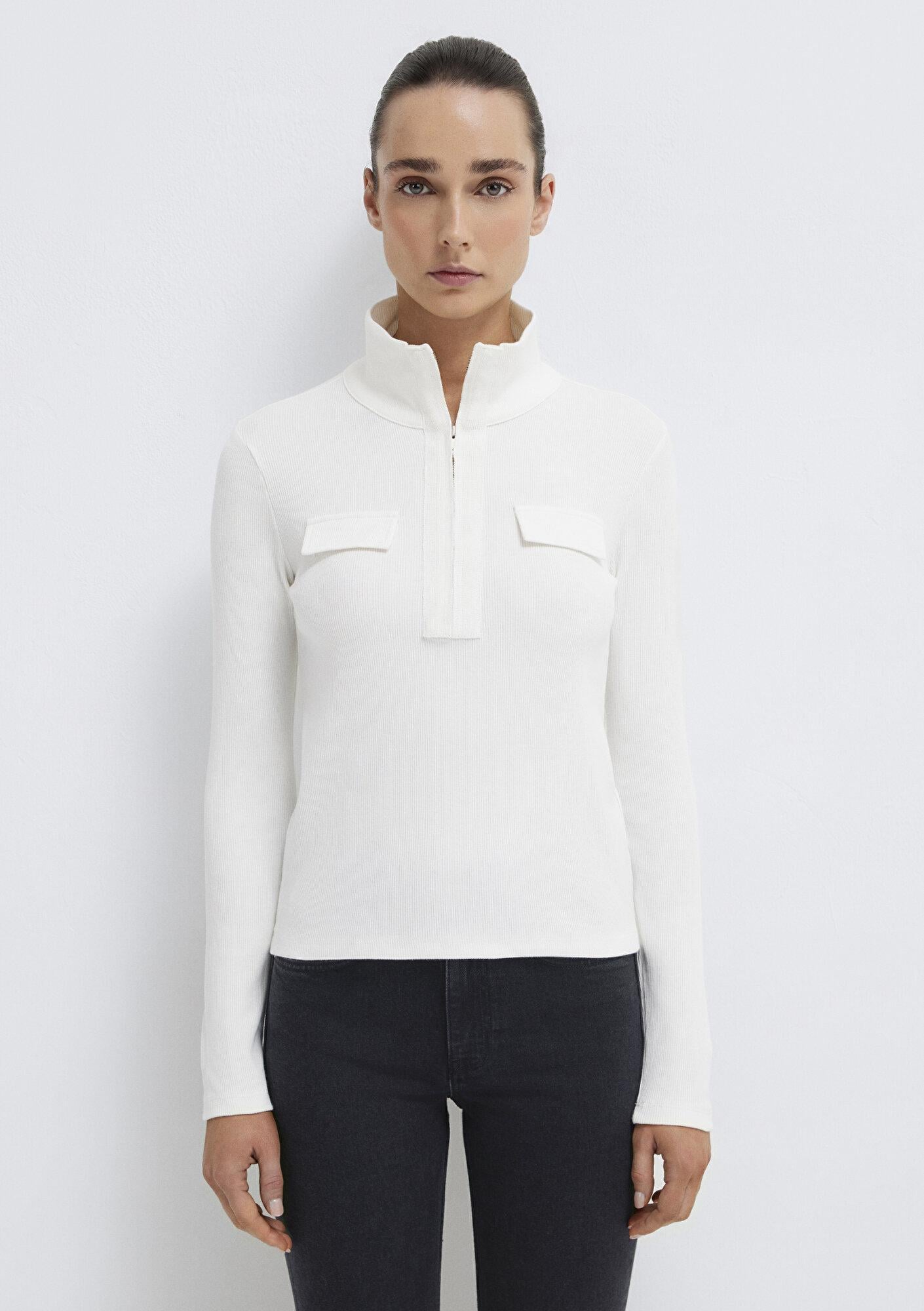 Mavi Dik Yaka Ekru Tişört Slim Fit / Dar Kesim 1613748-70057