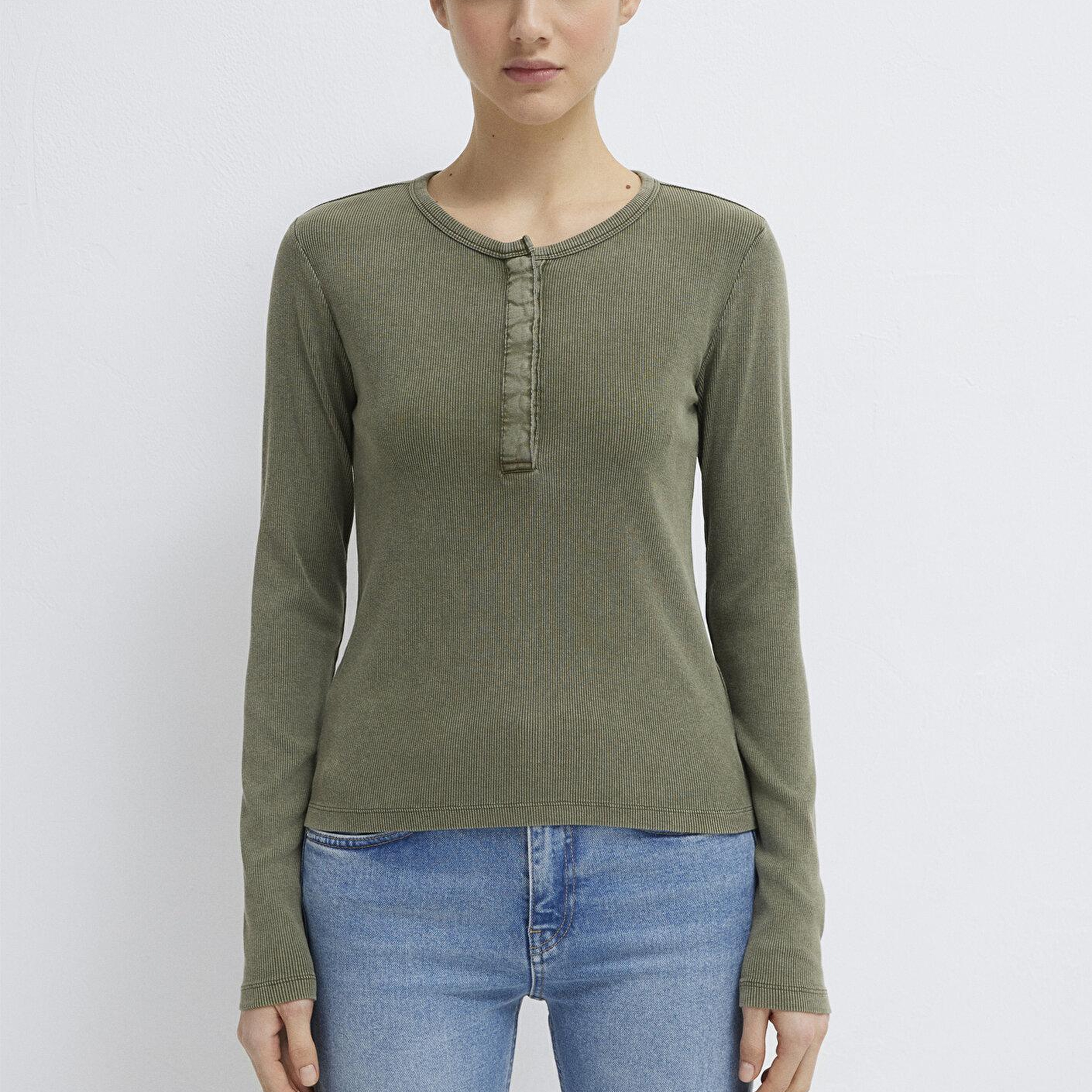 Mavi Yarı Düğmeli Uzun Kollu Haki Tişört Slim Fit / Dar Kesim 1613750-80769