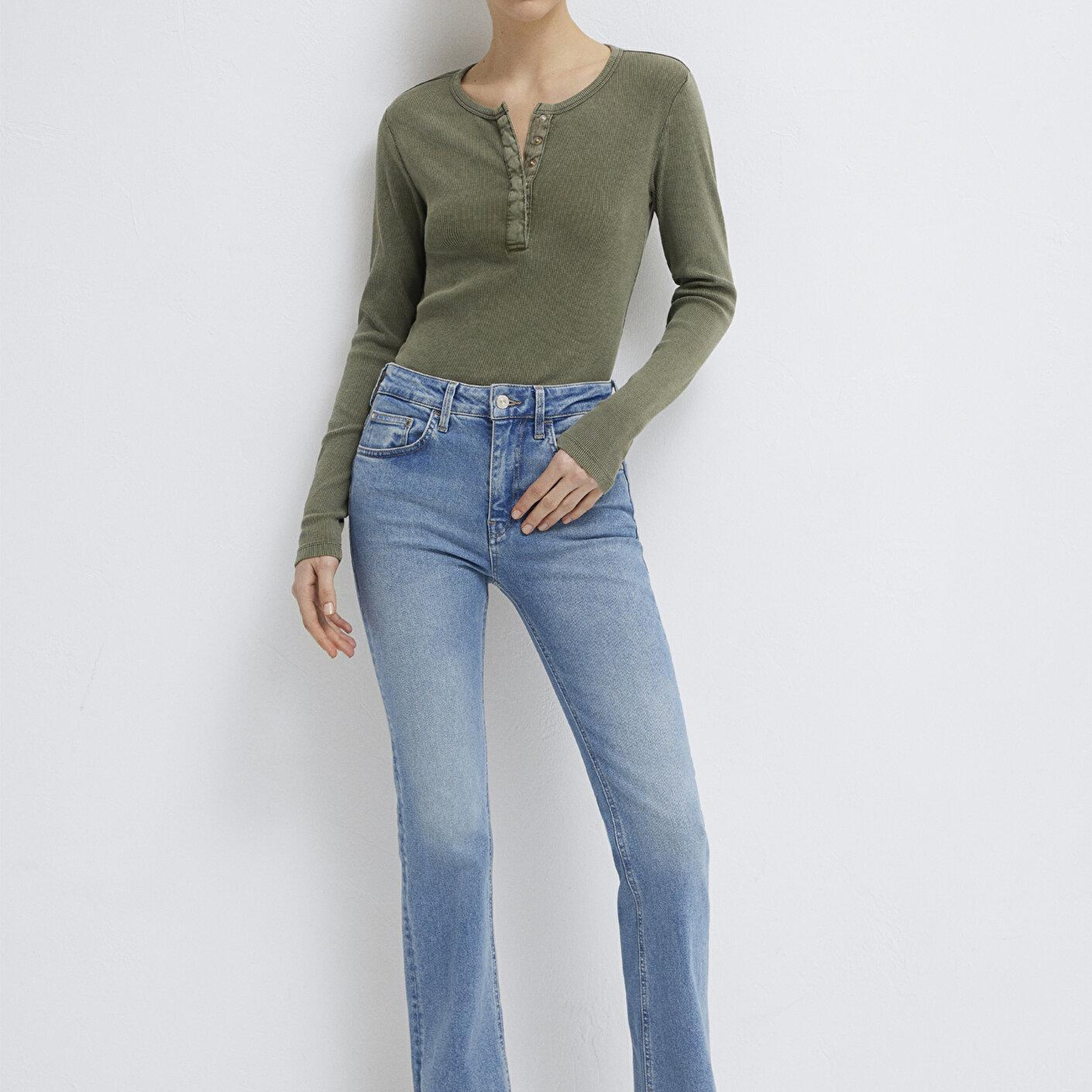 Mavi Yarı Düğmeli Uzun Kollu Haki Tişört Slim Fit / Dar Kesim 1613750-80769