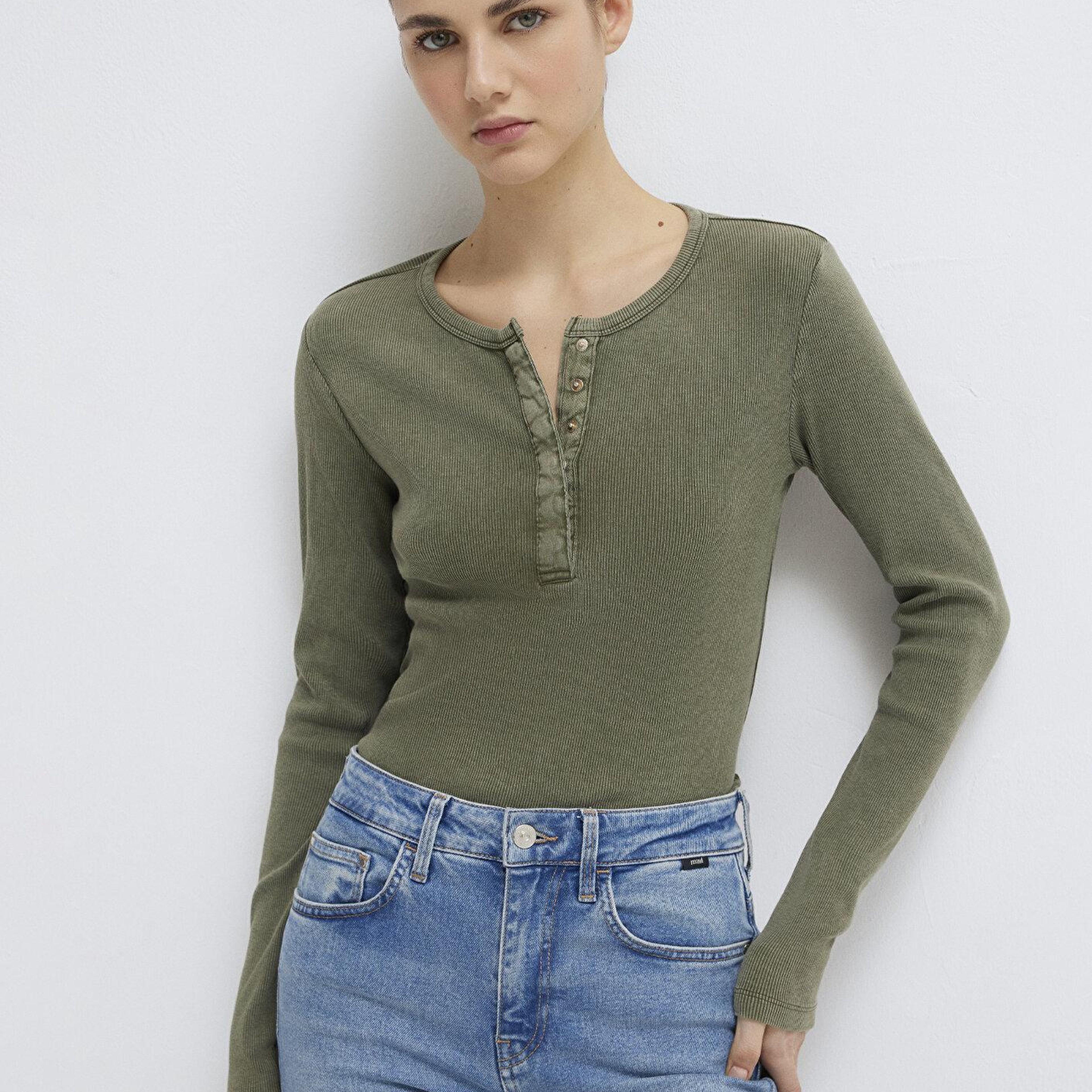 Mavi Yarı Düğmeli Uzun Kollu Haki Tişört Slim Fit / Dar Kesim 1613750-80769