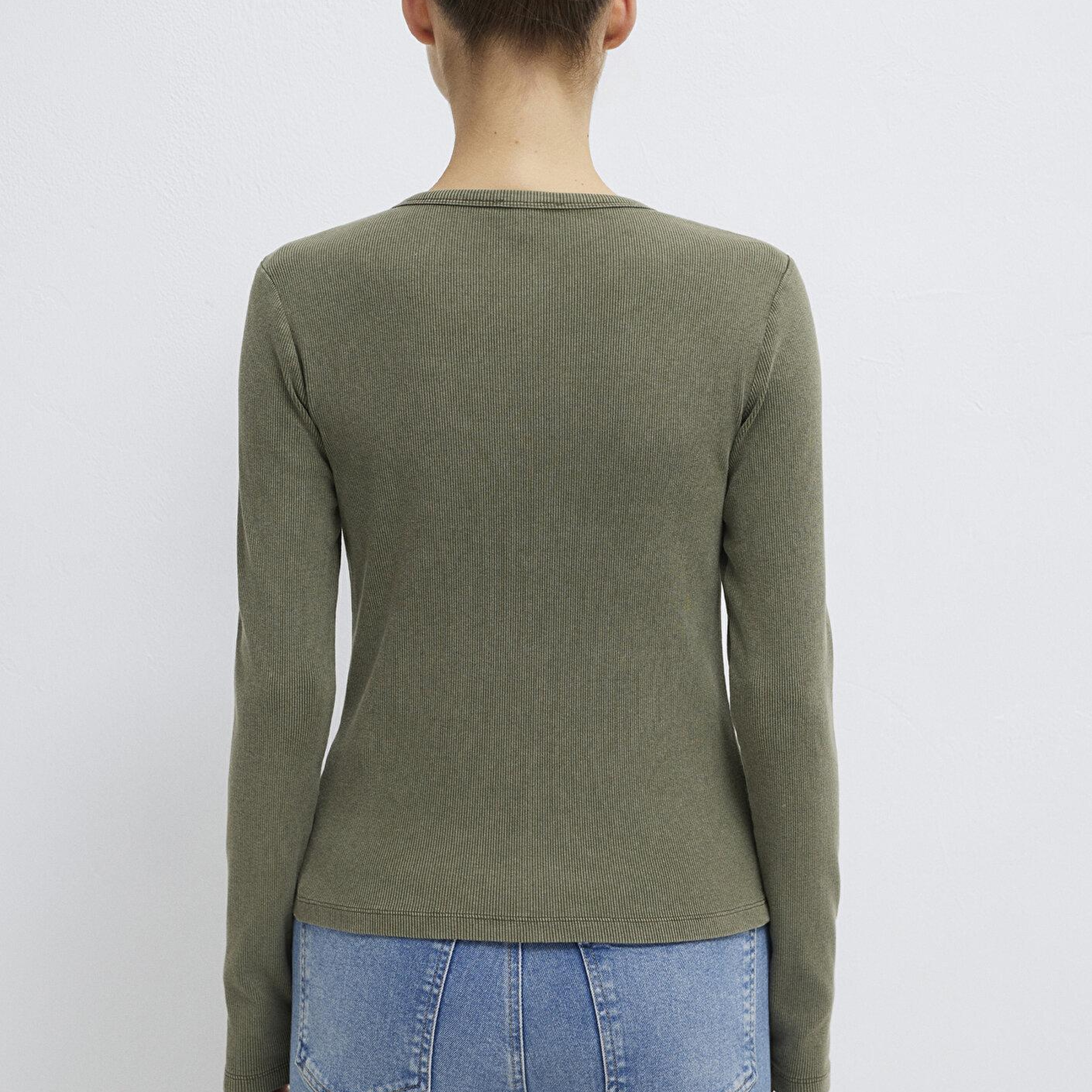 Mavi Yarı Düğmeli Uzun Kollu Haki Tişört Slim Fit / Dar Kesim 1613750-80769