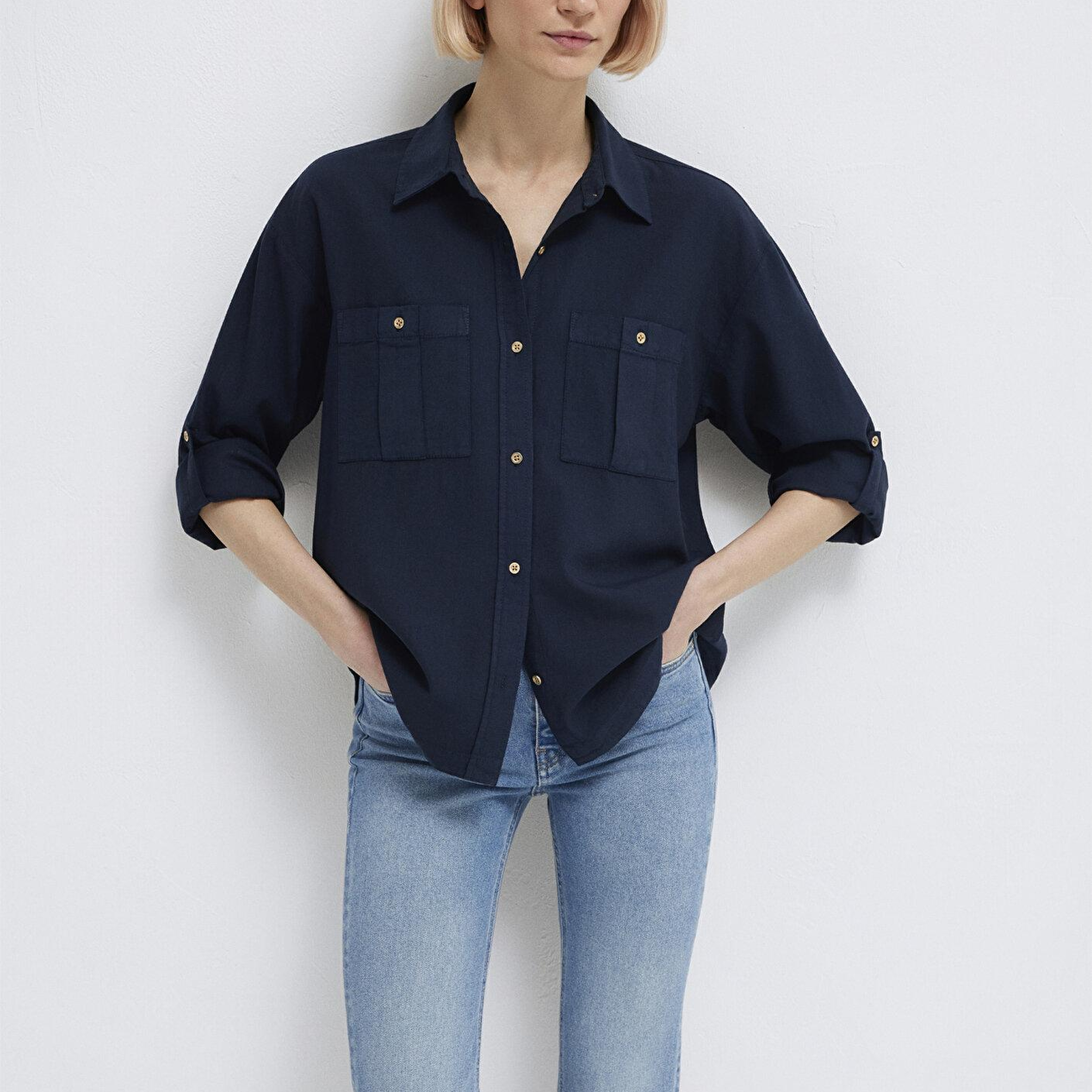 Mavi Düğme Detaylı Lacivert Gömlek Loose Fit / Bol Rahat Kesim 1211383-70492